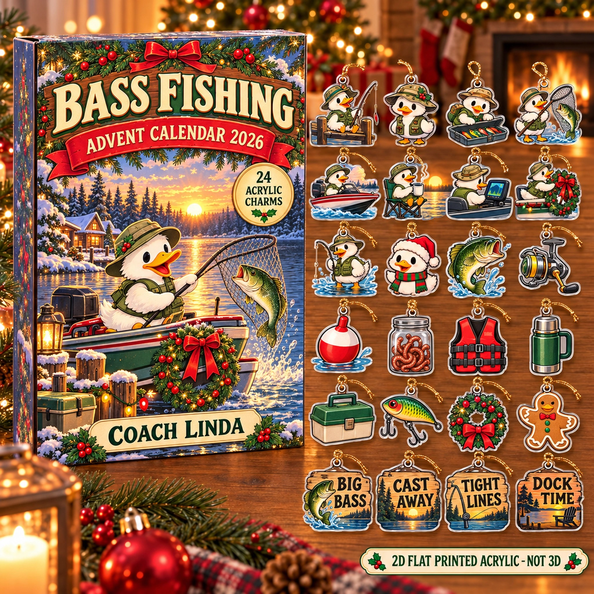 Personalized Bass Fishing Duck advent calendar box with 24 flat acrylic Christmas charms