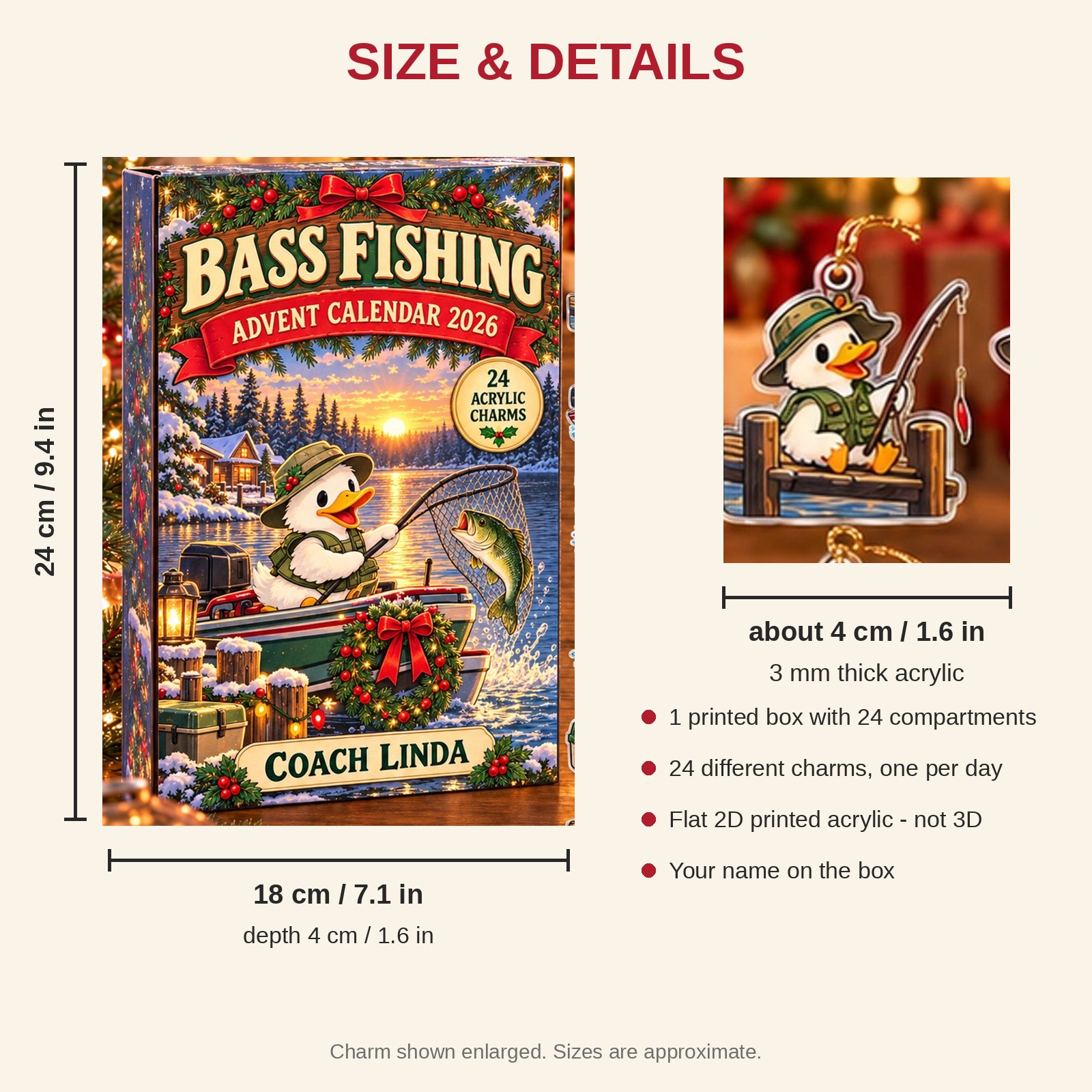Personalized Bass Fishing Duck advent calendar box with 24 flat acrylic Christmas charms: box and charm sizes