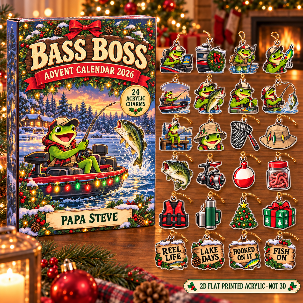 Personalized Bass Fishing Frog advent calendar box with 24 flat acrylic Christmas charms