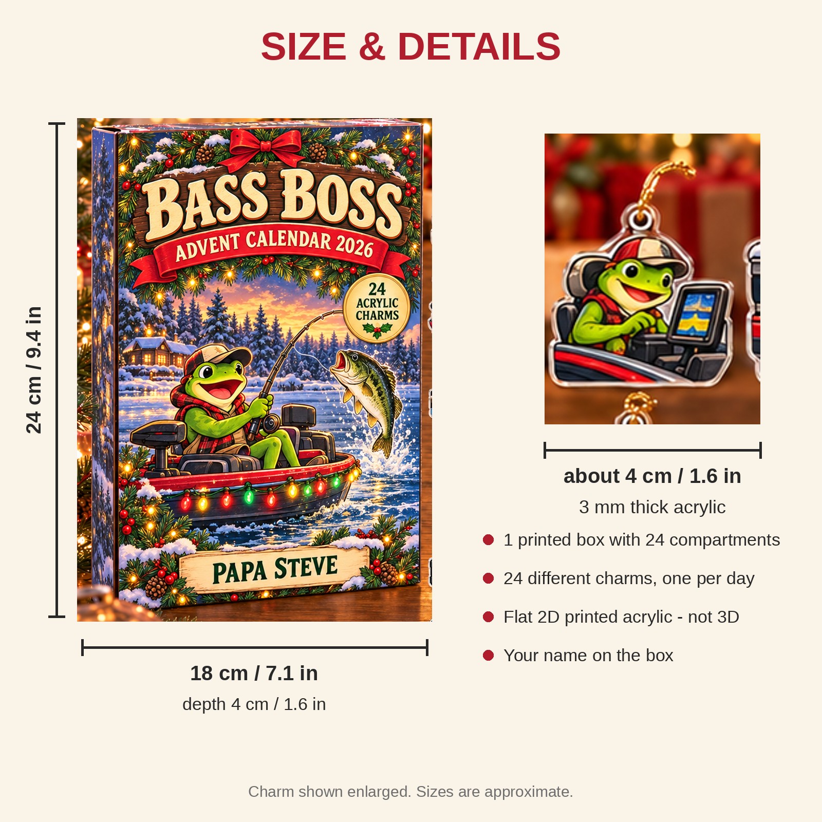Personalized Bass Fishing Frog advent calendar box with 24 flat acrylic Christmas charms: box and charm sizes