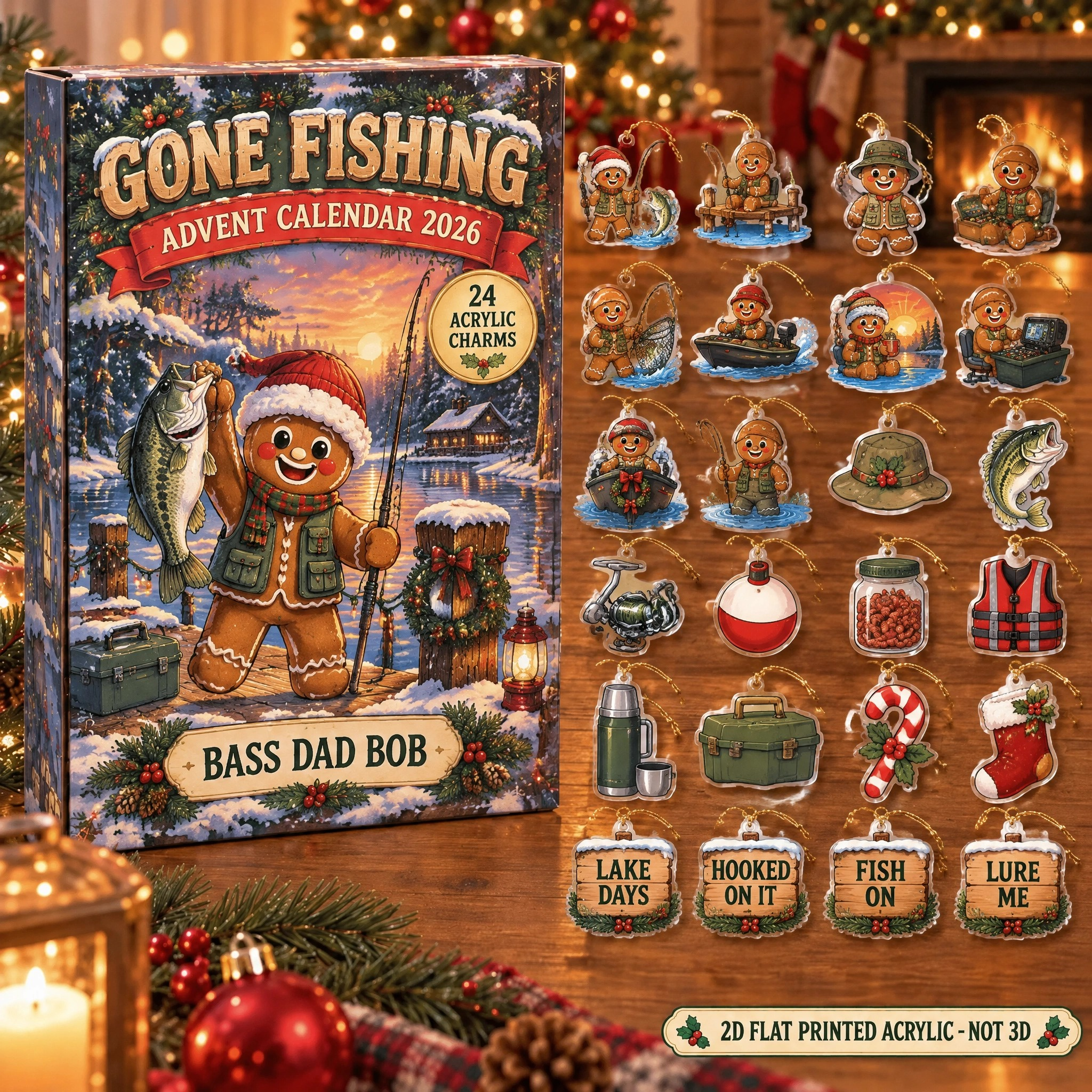 Personalized Bass Fishing Gingerbread advent calendar box with 24 flat acrylic Christmas charms