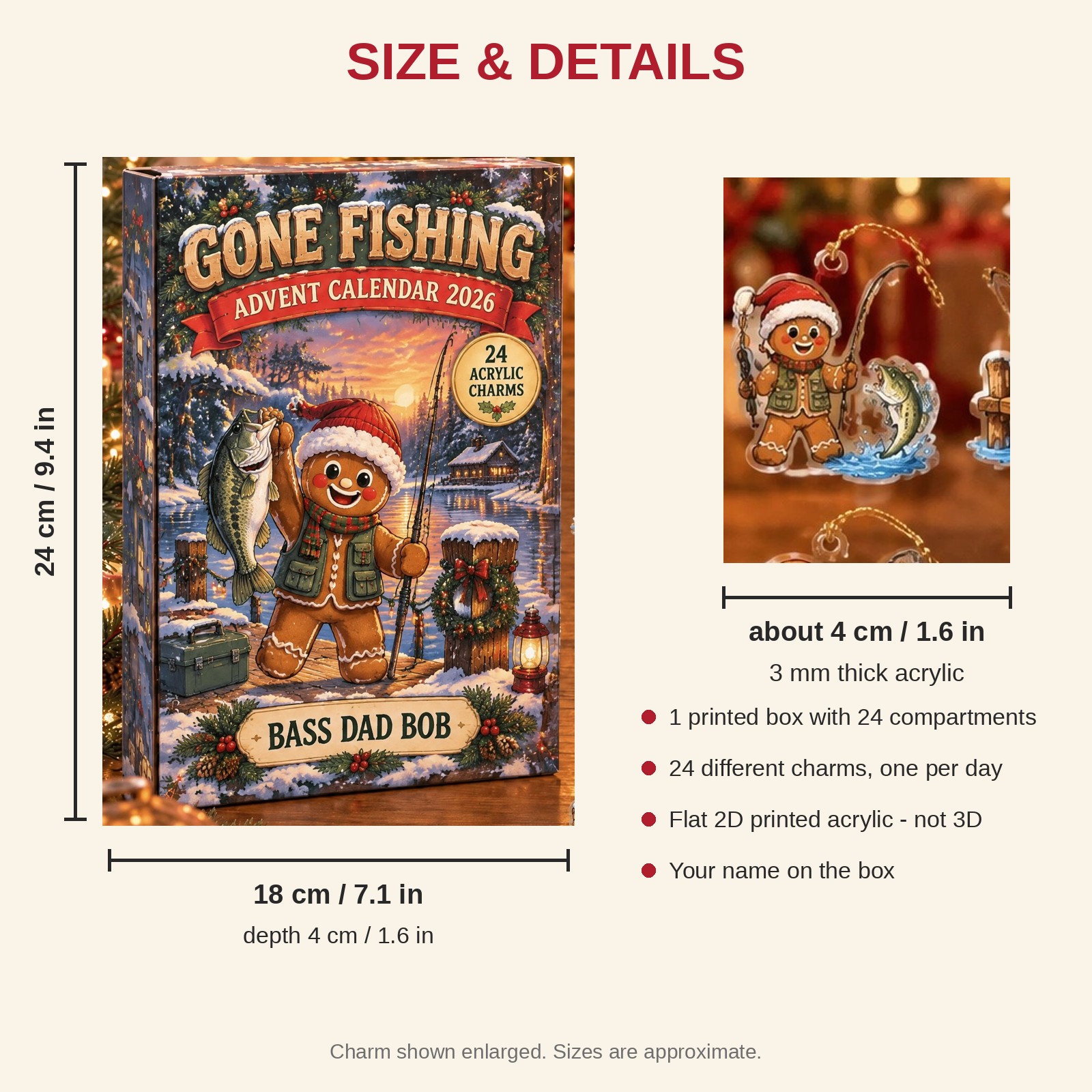 Personalized Bass Fishing Gingerbread advent calendar box with 24 flat acrylic Christmas charms: box and charm sizes