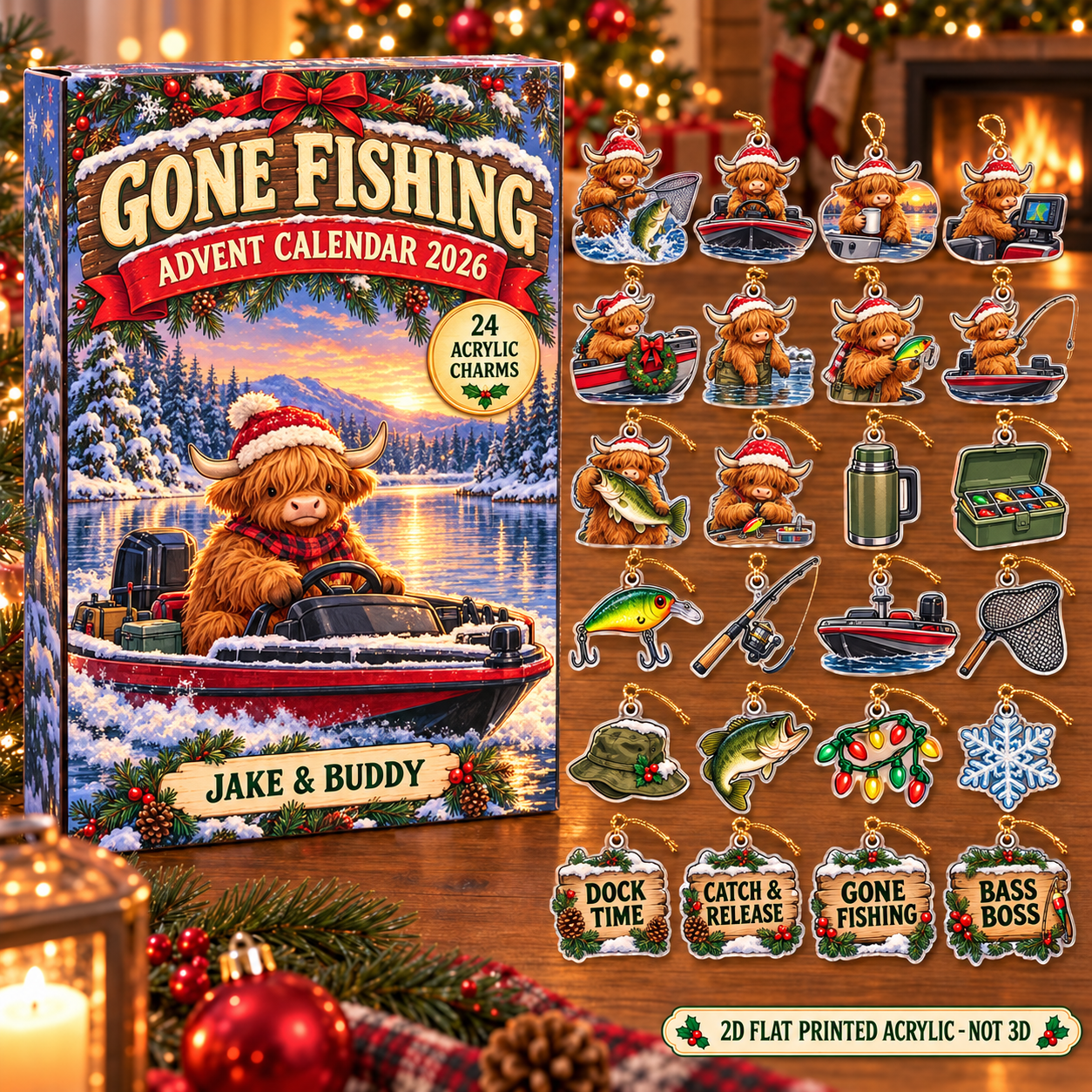 Personalized Bass Fishing Highland Cow advent calendar box with 24 flat acrylic Christmas charms