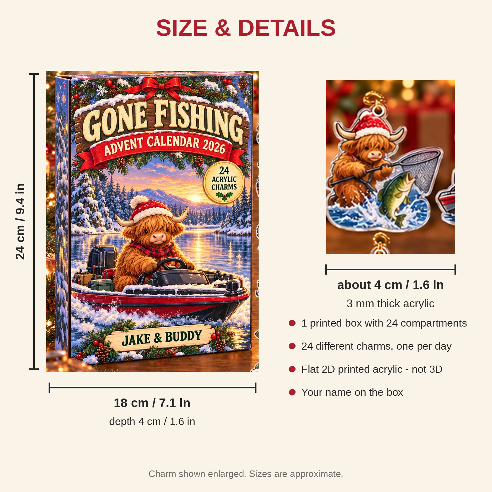 Personalized Bass Fishing Highland Cow advent calendar box with 24 flat acrylic Christmas charms: box and charm sizes