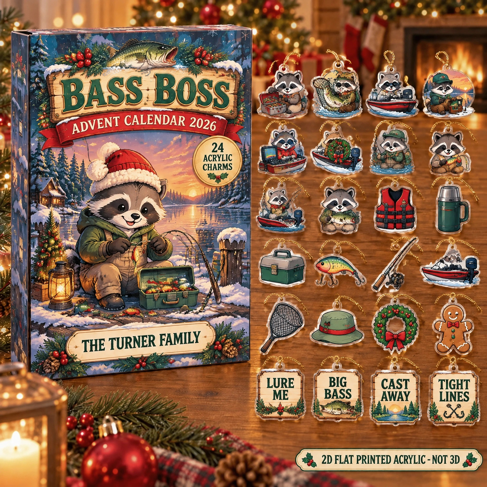 Personalized Bass Fishing Raccoon advent calendar box with 24 flat acrylic Christmas charms