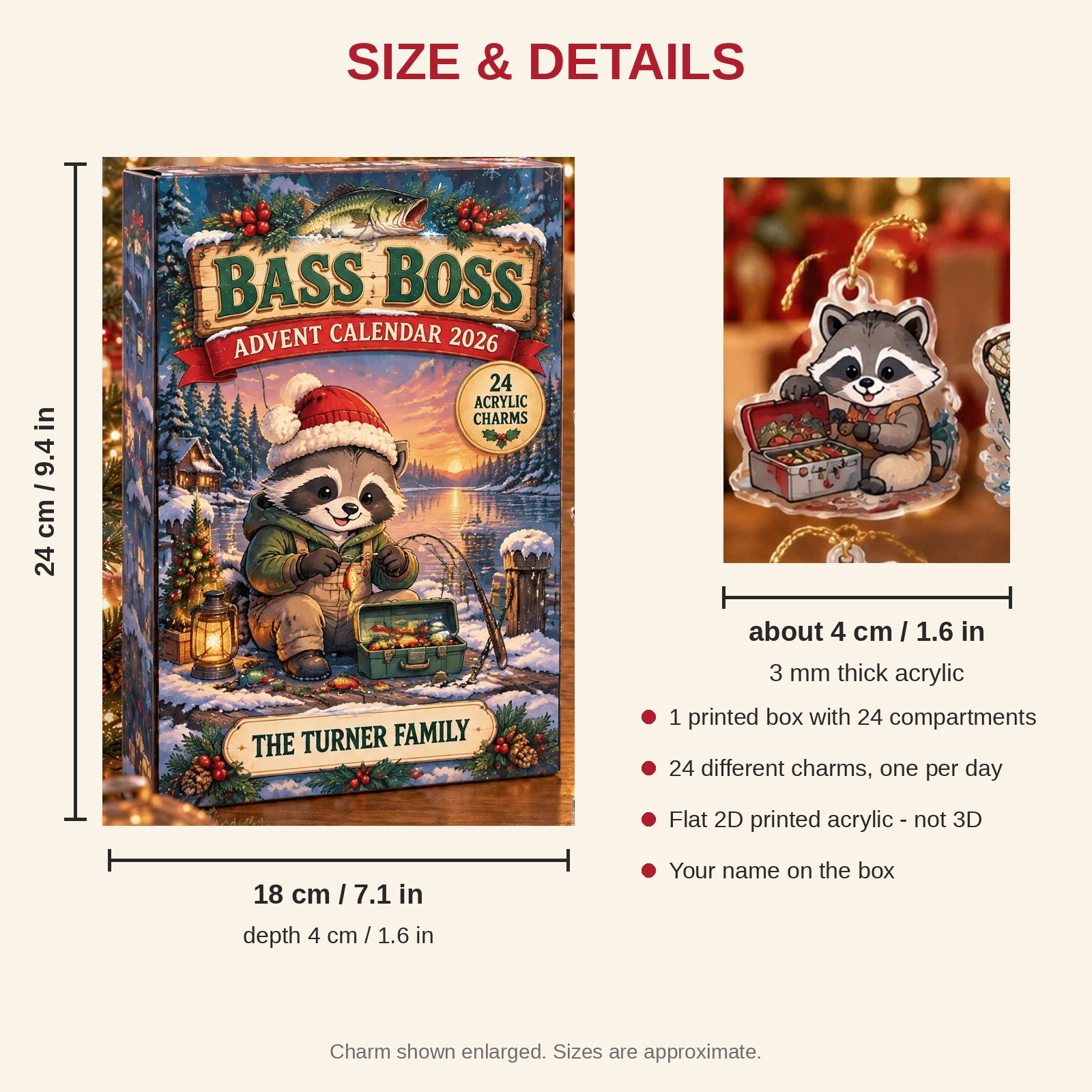 Personalized Bass Fishing Raccoon advent calendar box with 24 flat acrylic Christmas charms: box and charm sizes