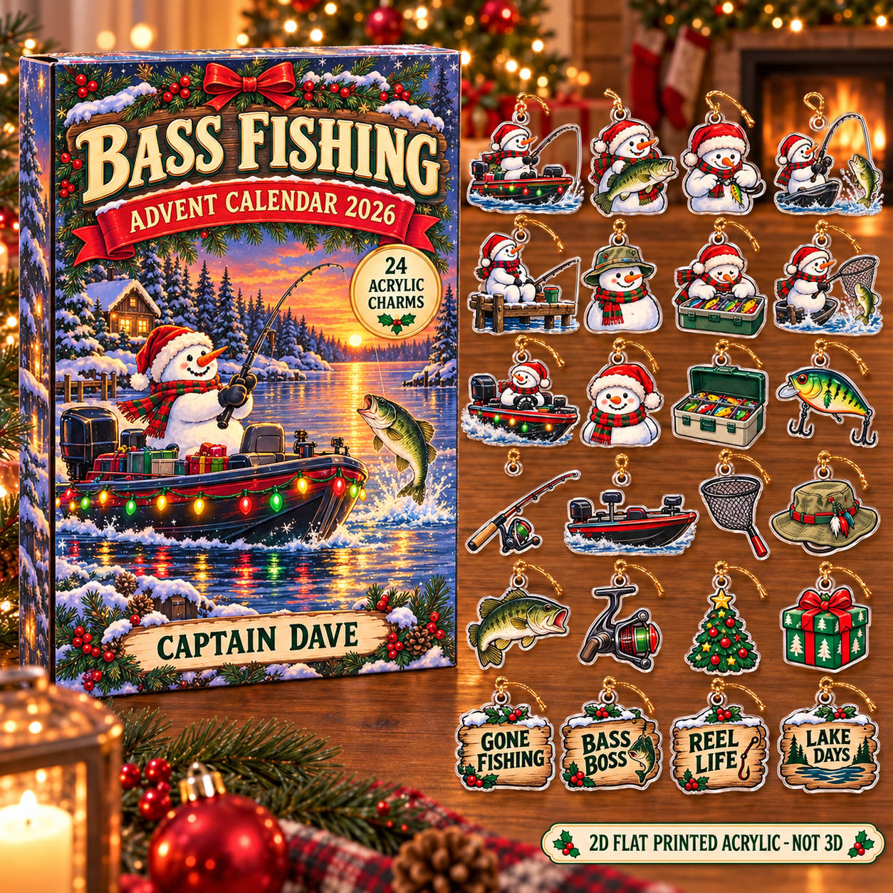 Personalized Bass Fishing Snowman advent calendar box with 24 flat acrylic Christmas charms