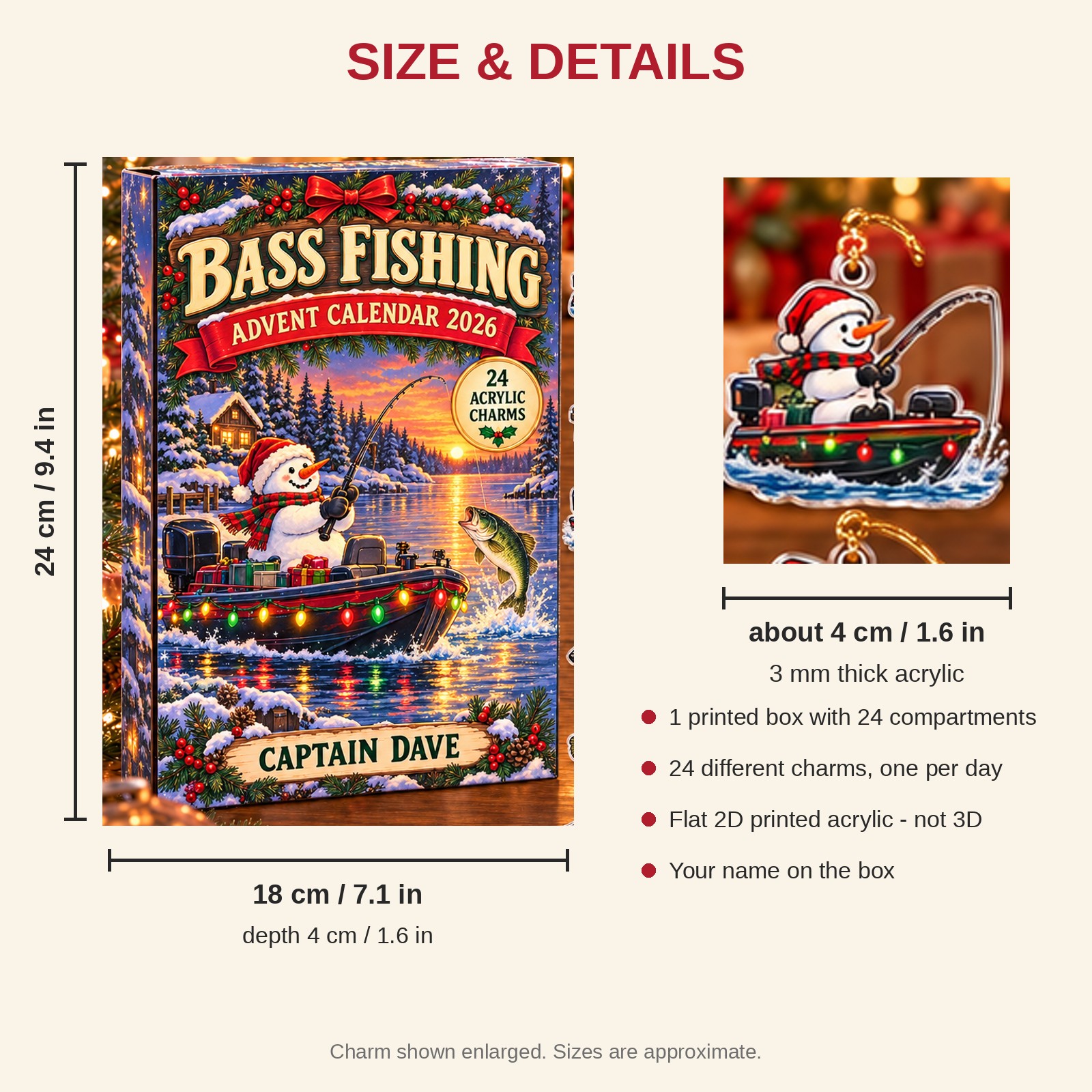 Personalized Bass Fishing Snowman advent calendar box with 24 flat acrylic Christmas charms: box and charm sizes