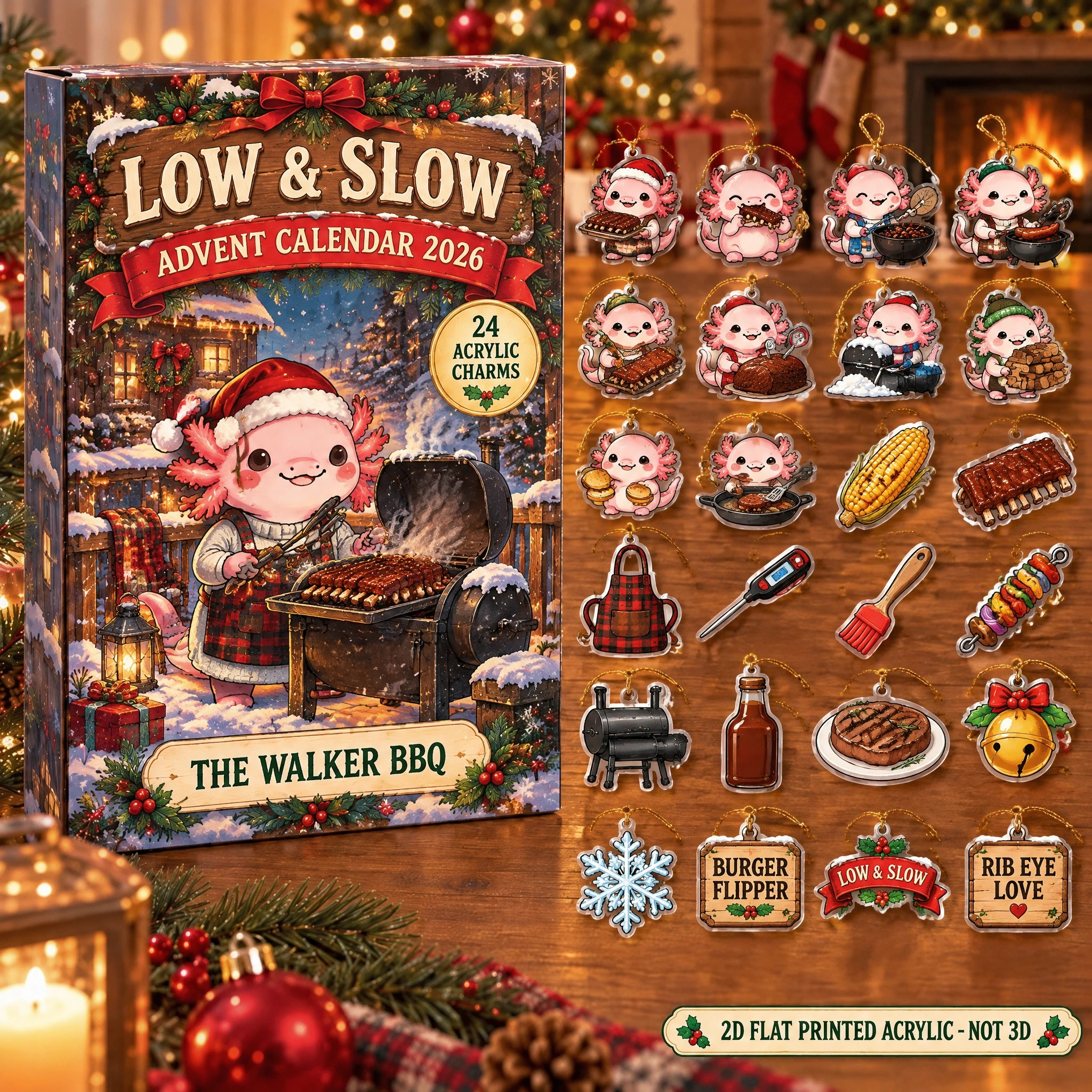 Personalized Grill Master Axolotl advent calendar box with 24 flat acrylic Christmas charms