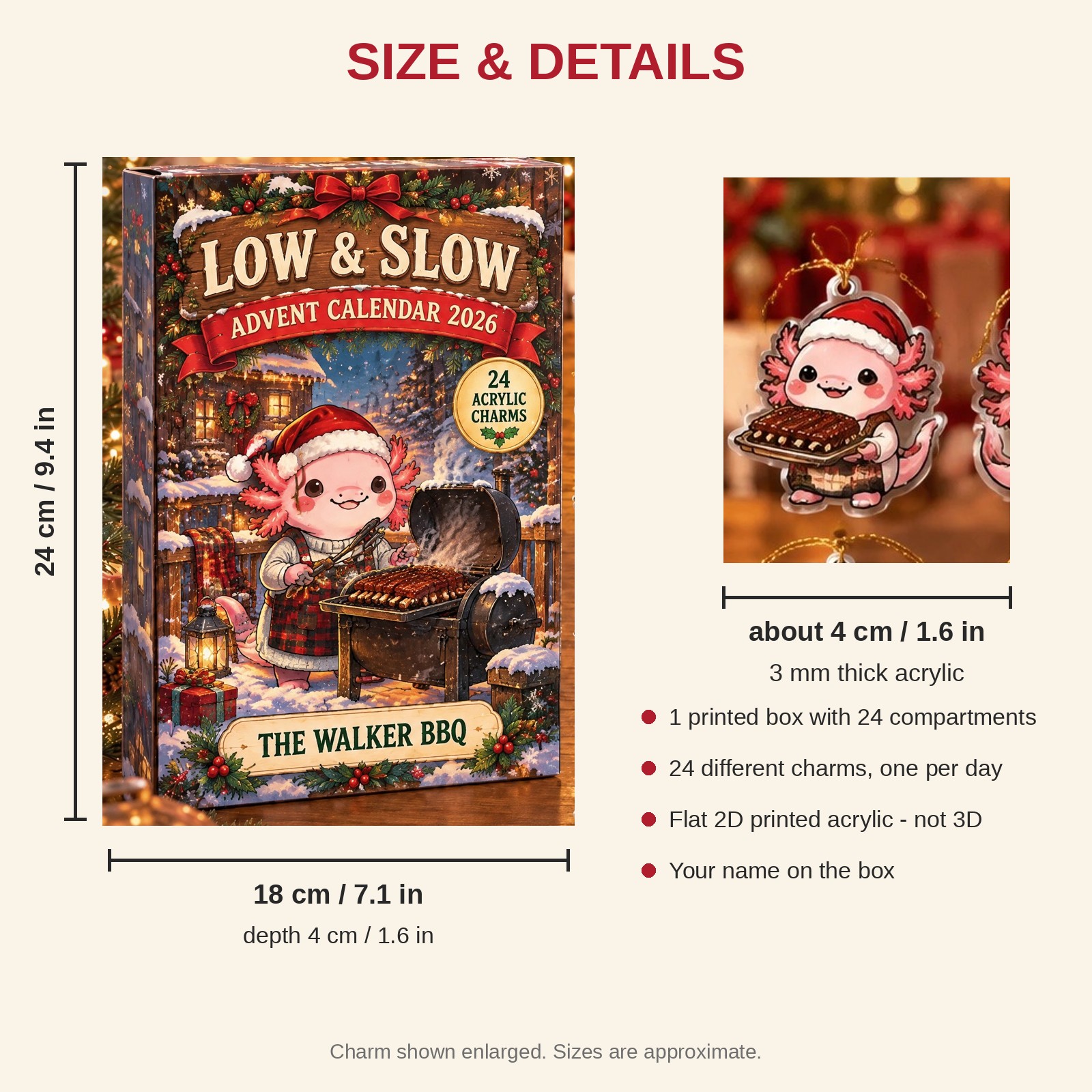 Personalized Grill Master Axolotl advent calendar box with 24 flat acrylic Christmas charms: box and charm sizes