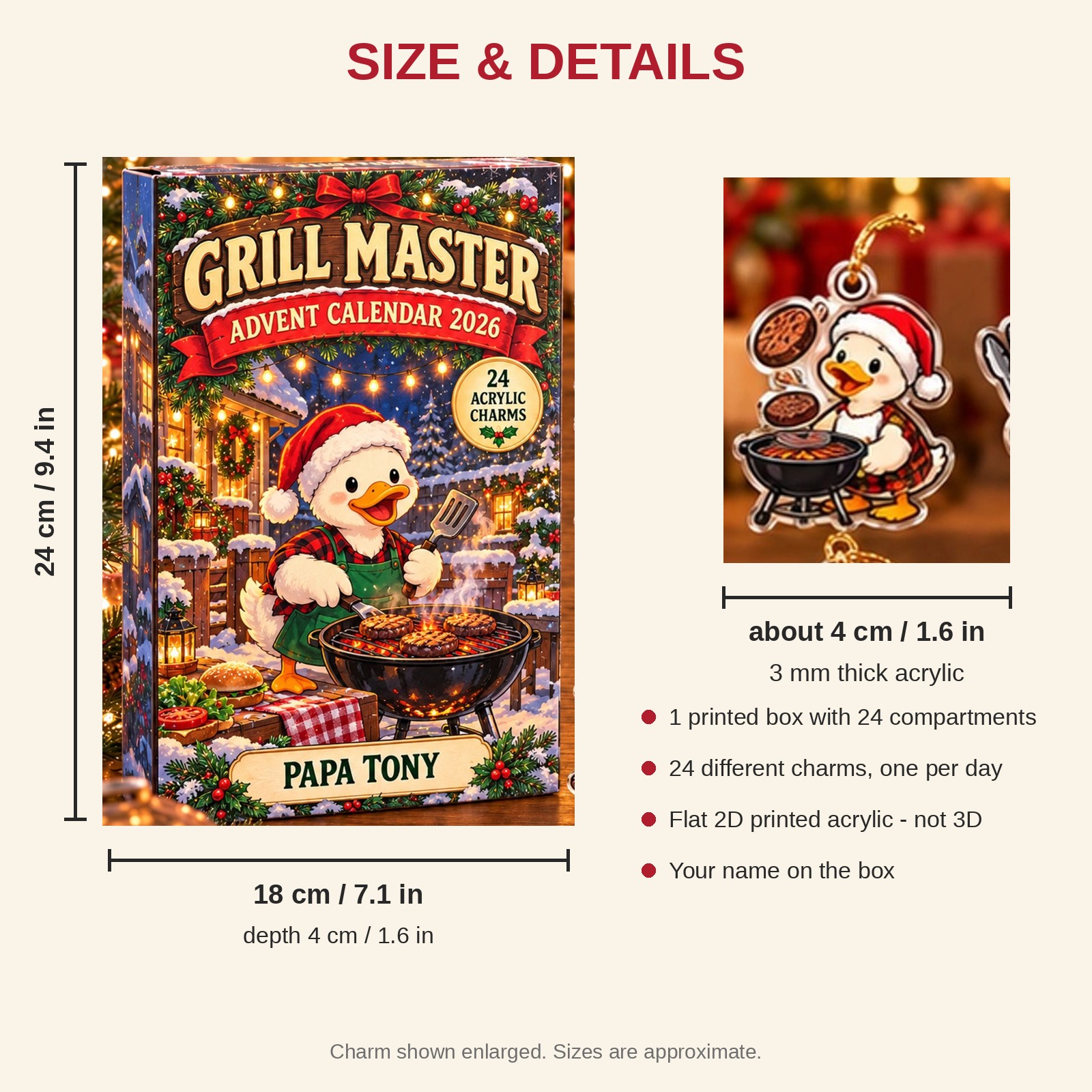 Personalized Grill Master Duck advent calendar box with 24 flat acrylic Christmas charms: box and charm sizes