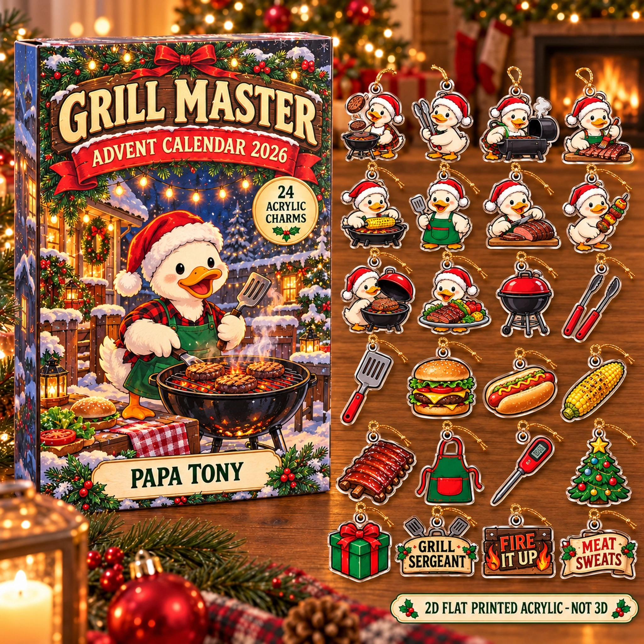 Personalized Grill Master Duck advent calendar box with 24 flat acrylic Christmas charms