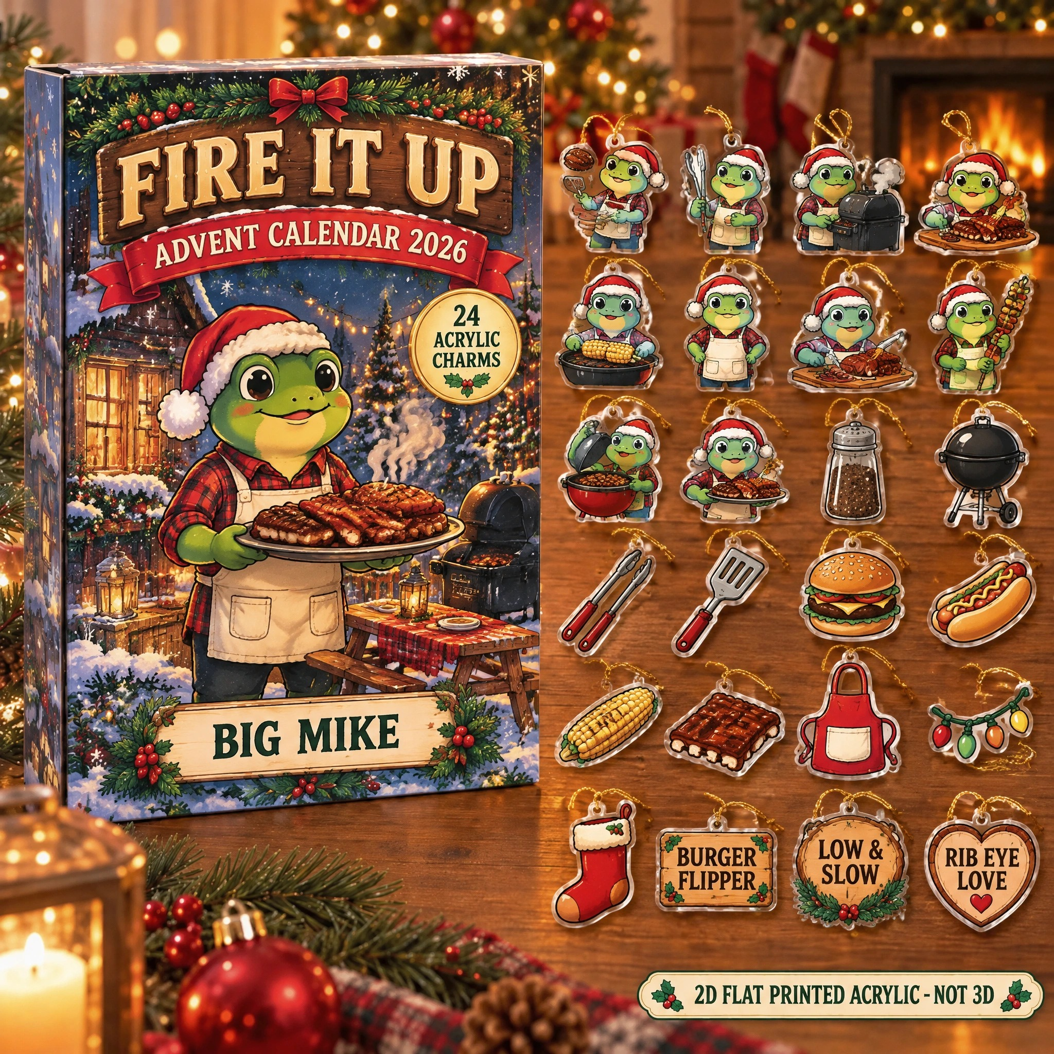 Personalized Grill Master Frog advent calendar box with 24 flat acrylic Christmas charms