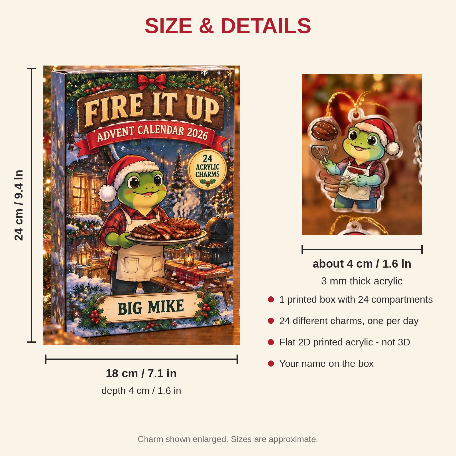 Personalized Grill Master Frog advent calendar box with 24 flat acrylic Christmas charms: box and charm sizes