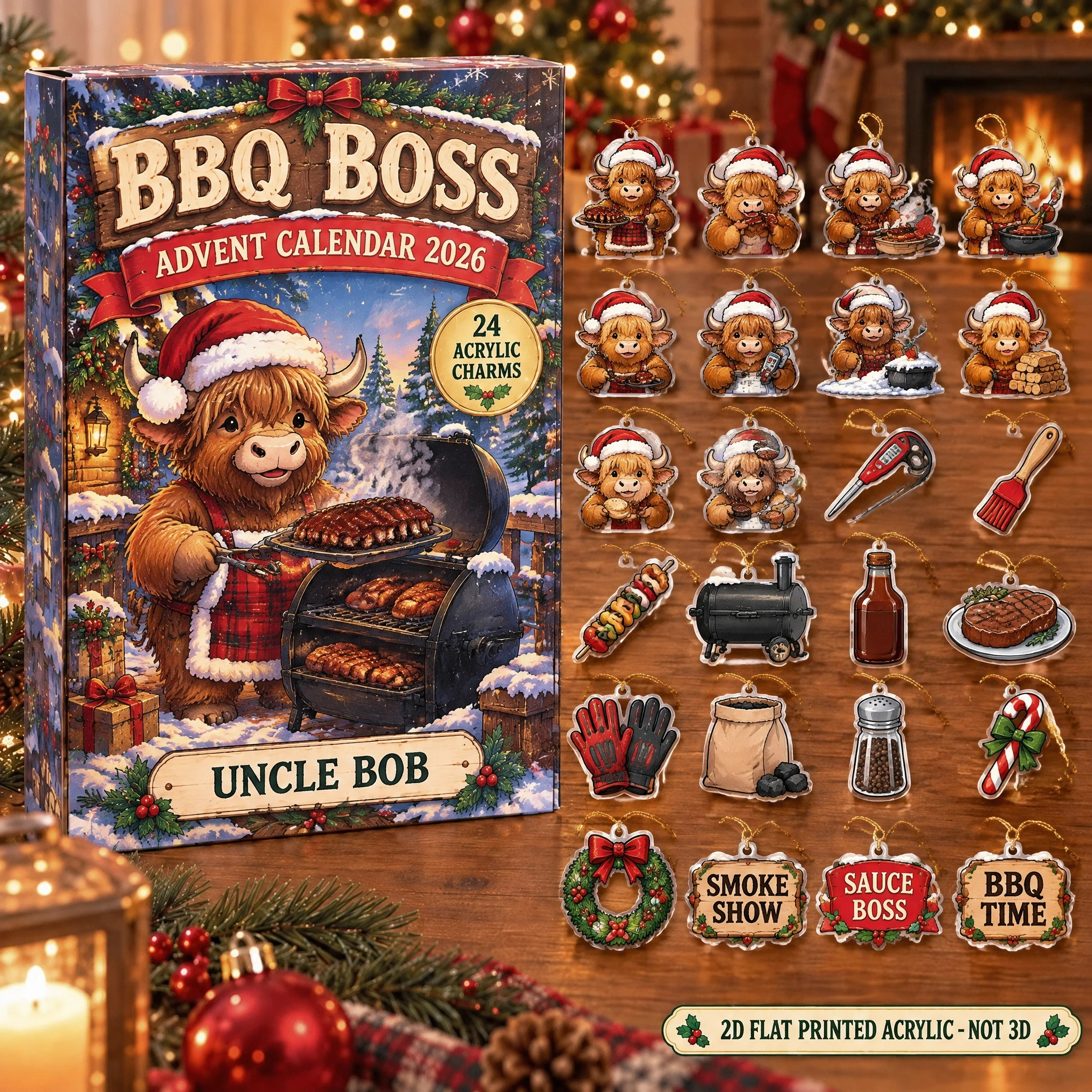Personalized Grill Master Highland Cow advent calendar box with 24 flat acrylic Christmas charms