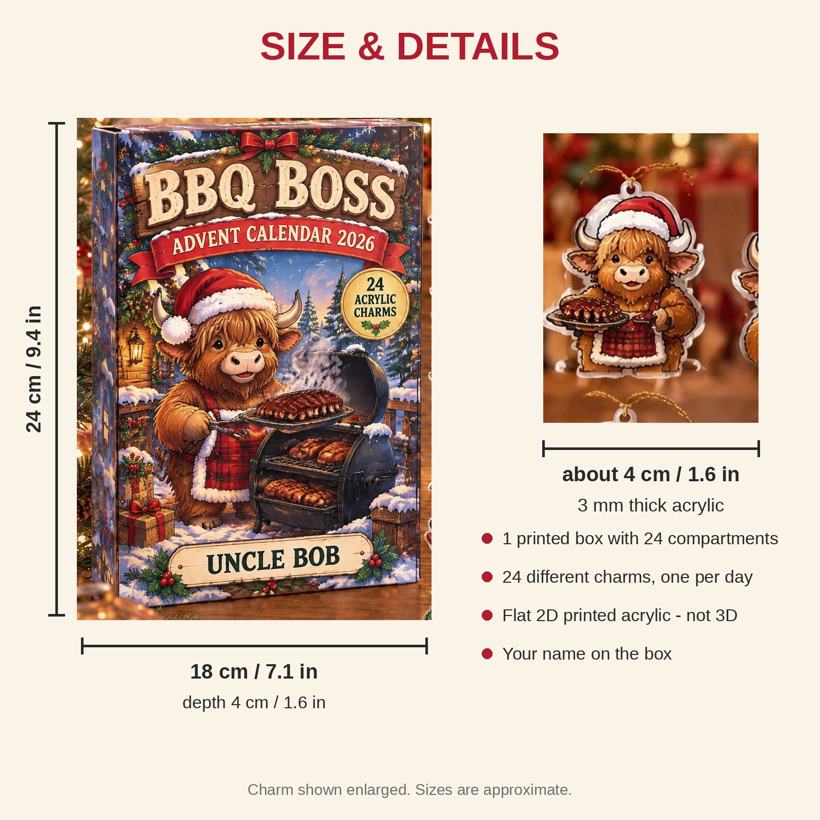 Personalized Grill Master Highland Cow advent calendar box with 24 flat acrylic Christmas charms: box and charm sizes