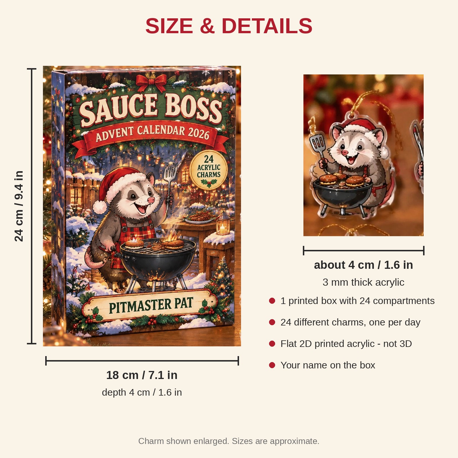 Personalized Grill Master Opossum advent calendar box with 24 flat acrylic Christmas charms: box and charm sizes