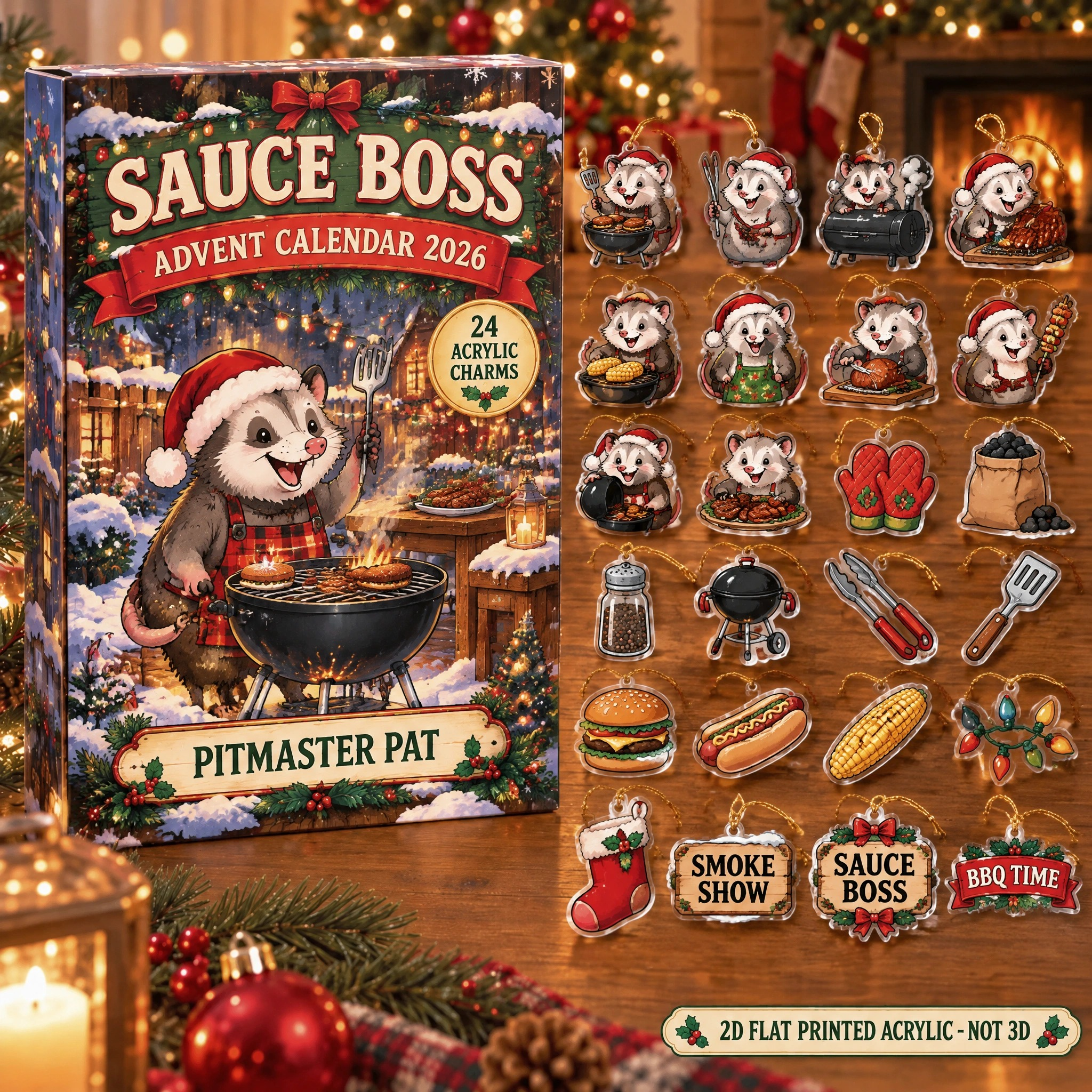 Personalized Grill Master Opossum advent calendar box with 24 flat acrylic Christmas charms