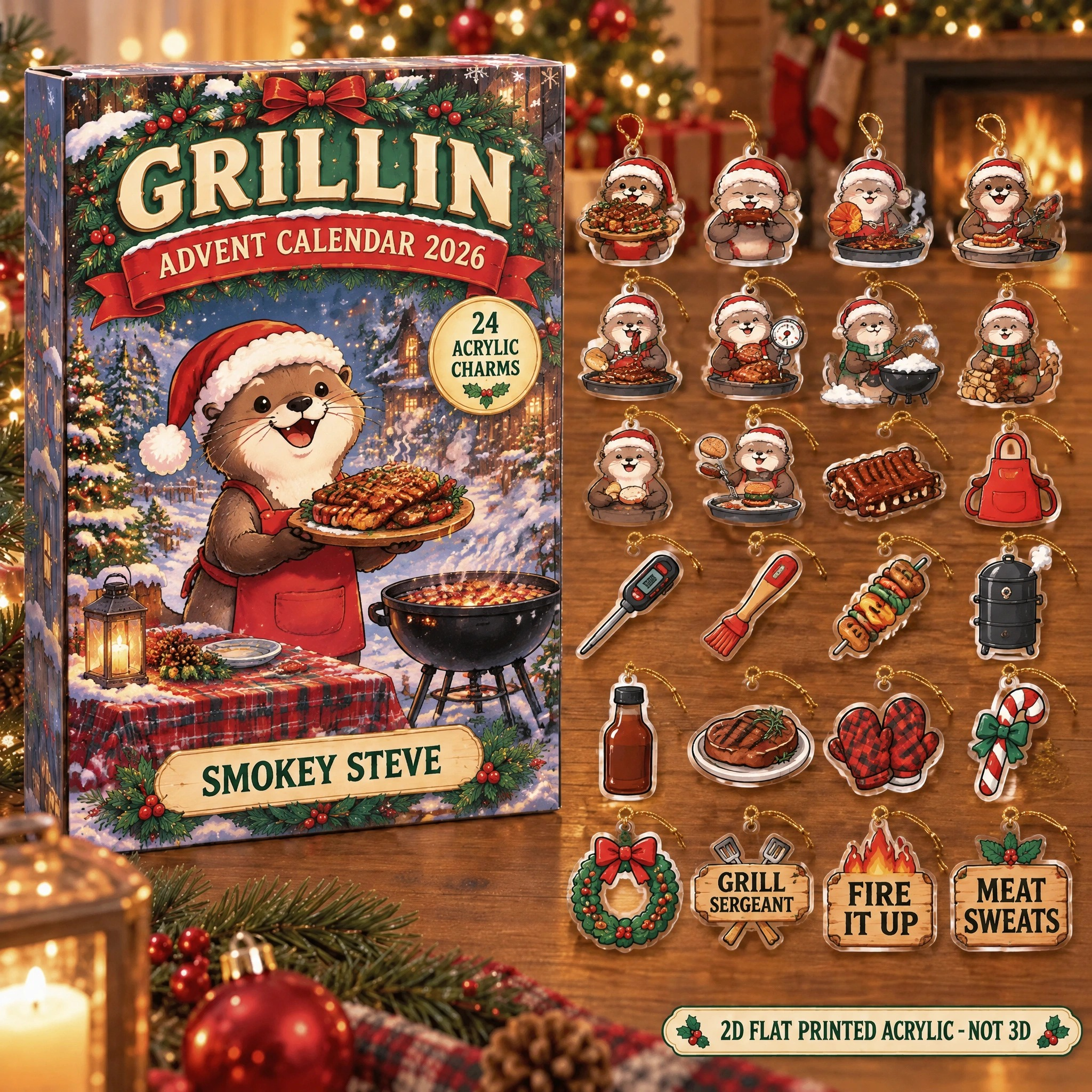 Personalized Grill Master Otter advent calendar box with 24 flat acrylic Christmas charms