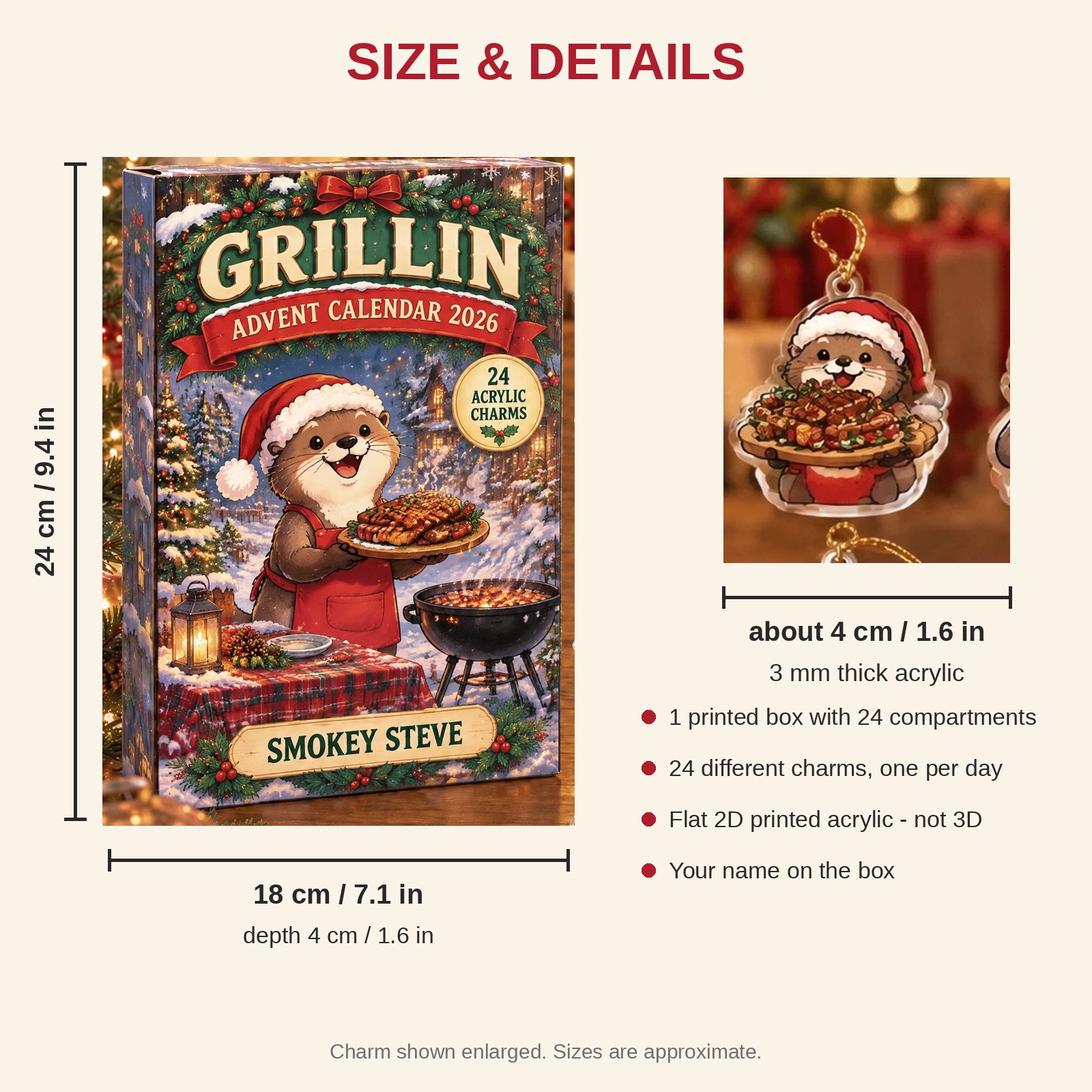 Personalized Grill Master Otter advent calendar box with 24 flat acrylic Christmas charms: box and charm sizes