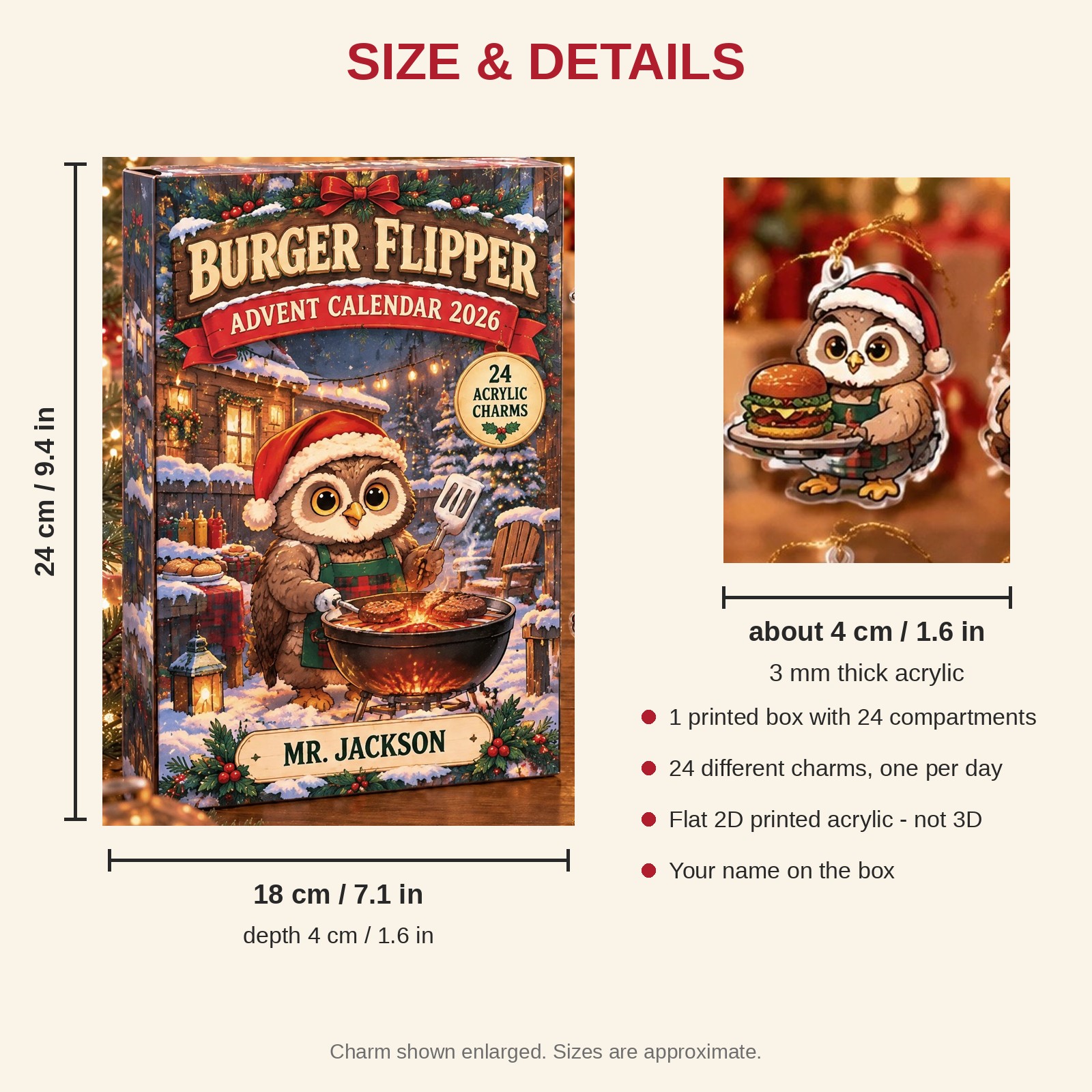 Personalized Grill Master Owl advent calendar box with 24 flat acrylic Christmas charms: box and charm sizes