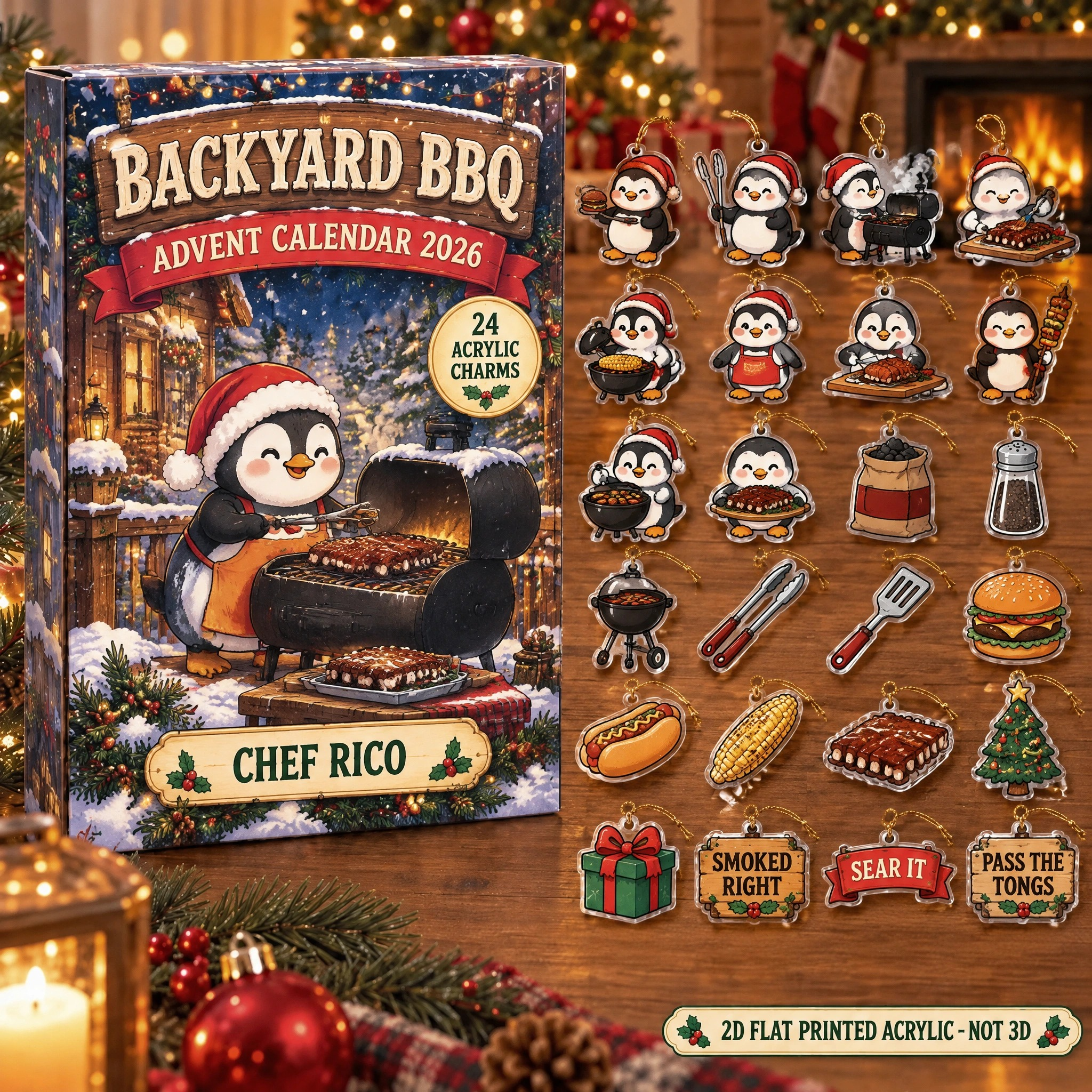 Personalized Grill Master Penguin advent calendar box with 24 flat acrylic Christmas charms