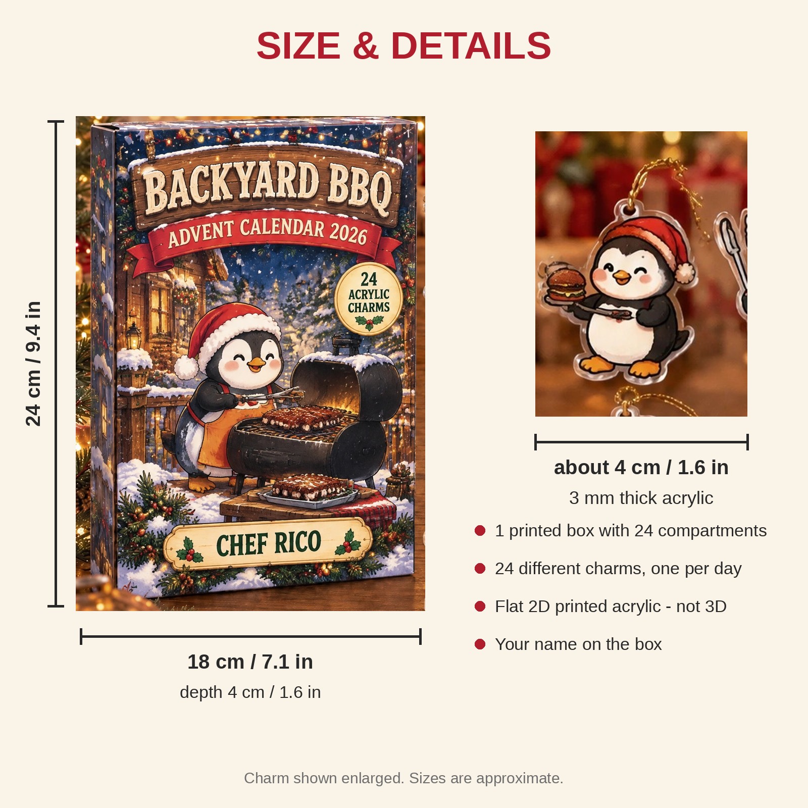 Personalized Grill Master Penguin advent calendar box with 24 flat acrylic Christmas charms: box and charm sizes