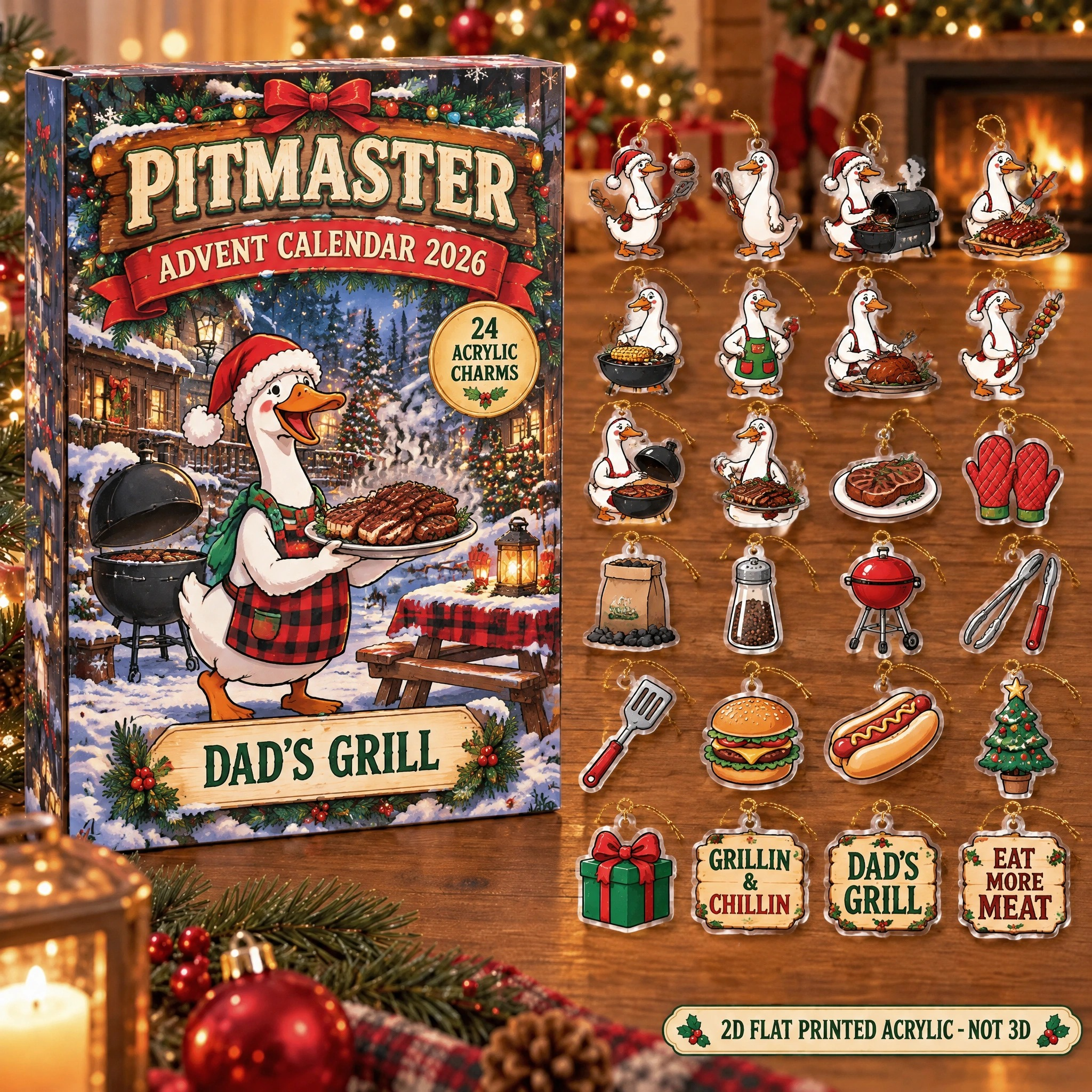 Personalized Grill Master Silly Goose advent calendar box with 24 flat acrylic Christmas charms