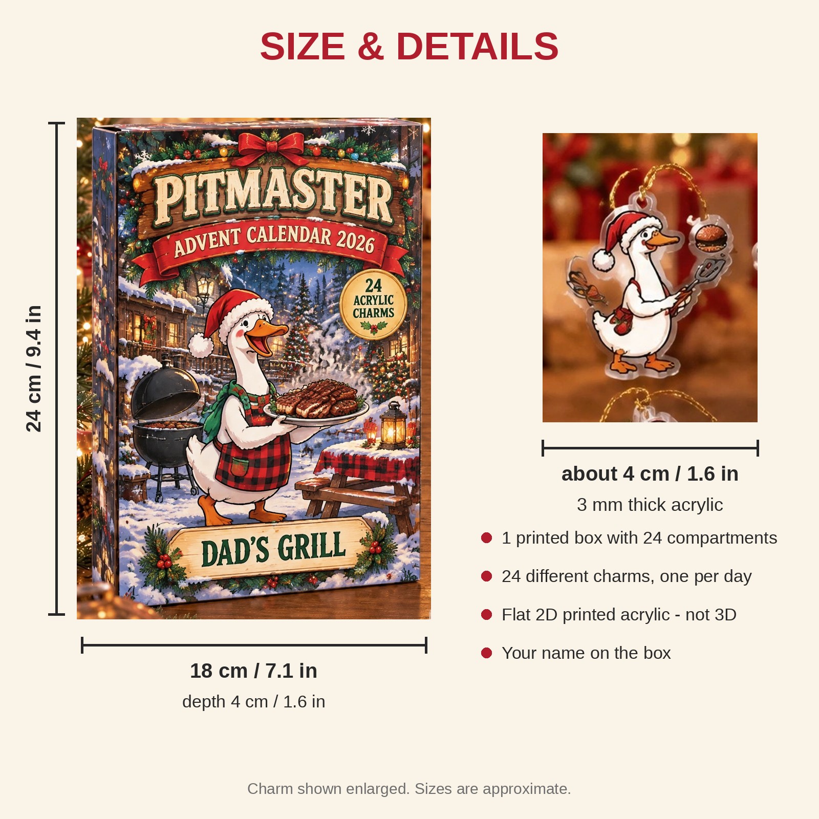 Personalized Grill Master Silly Goose advent calendar box with 24 flat acrylic Christmas charms: box and charm sizes
