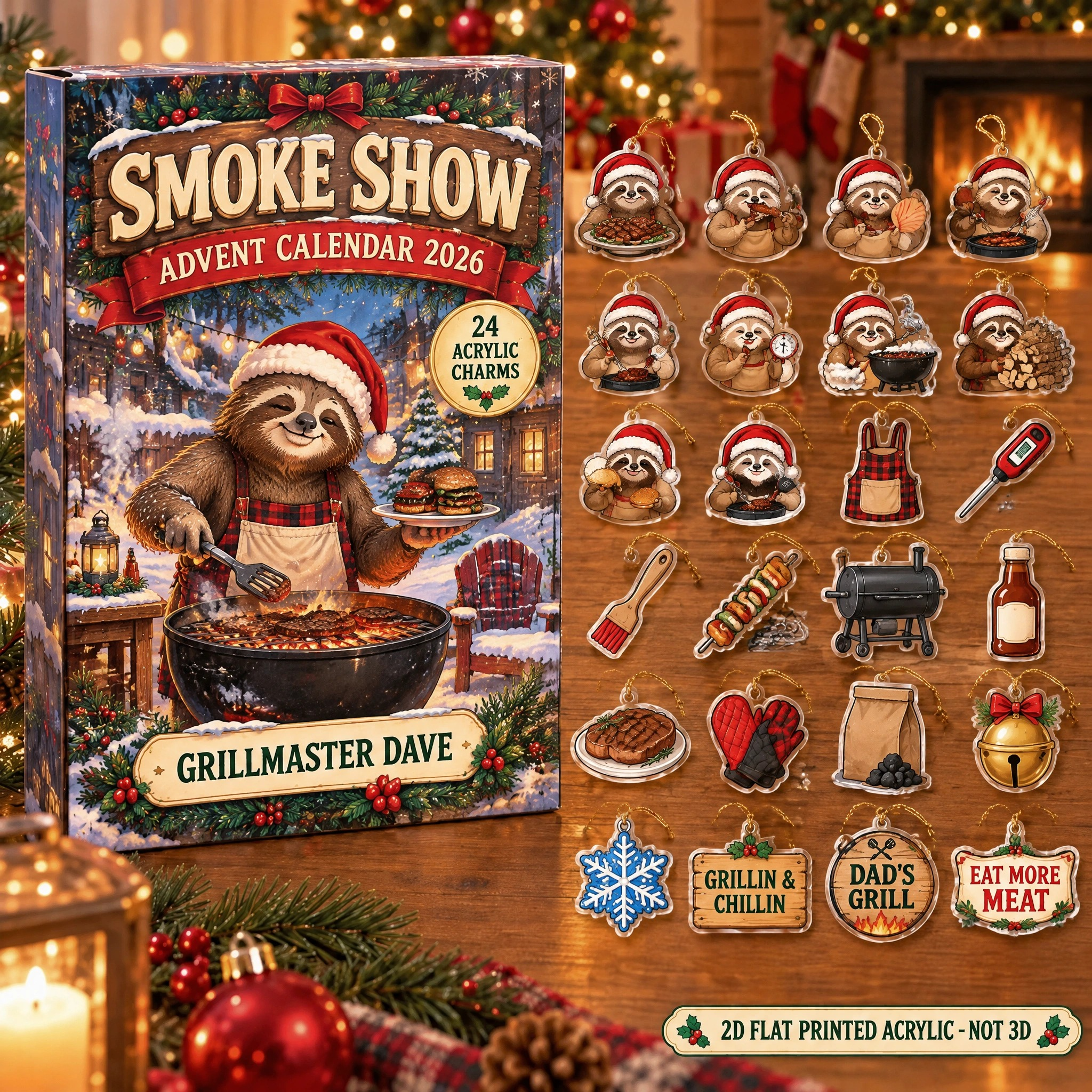Personalized Grill Master Sloth advent calendar box with 24 flat acrylic Christmas charms
