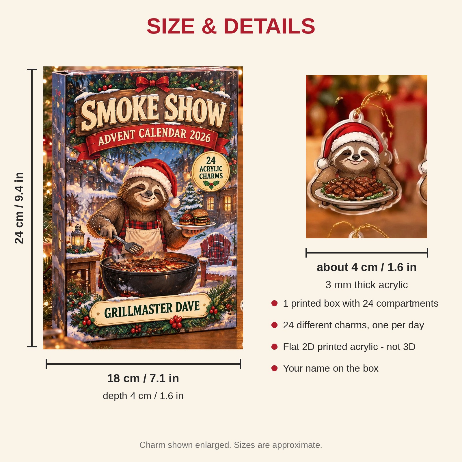 Personalized Grill Master Sloth advent calendar box with 24 flat acrylic Christmas charms: box and charm sizes