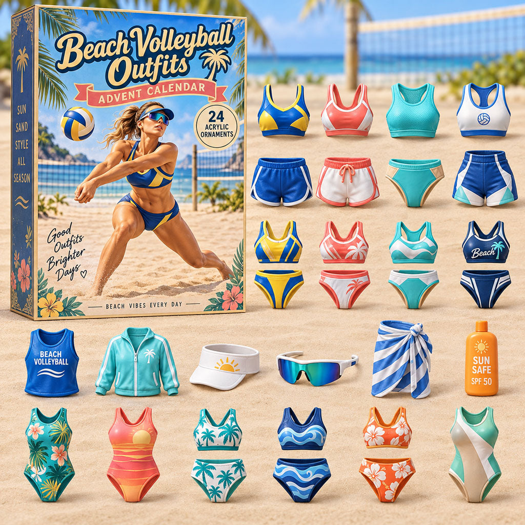 Beach Volleyball Outfits advent calendar box with 24 acrylic Christmas charms