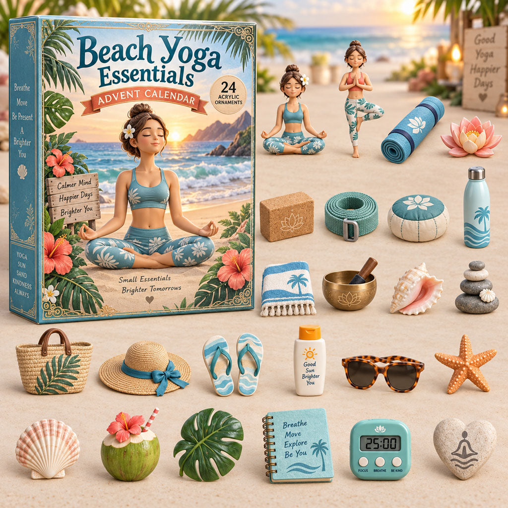 Beach Yoga Essentials advent calendar box with 24 acrylic Christmas charms