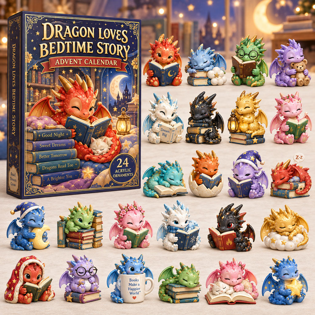 Bedtime Story Dragon advent calendar box with 24 acrylic Christmas charms