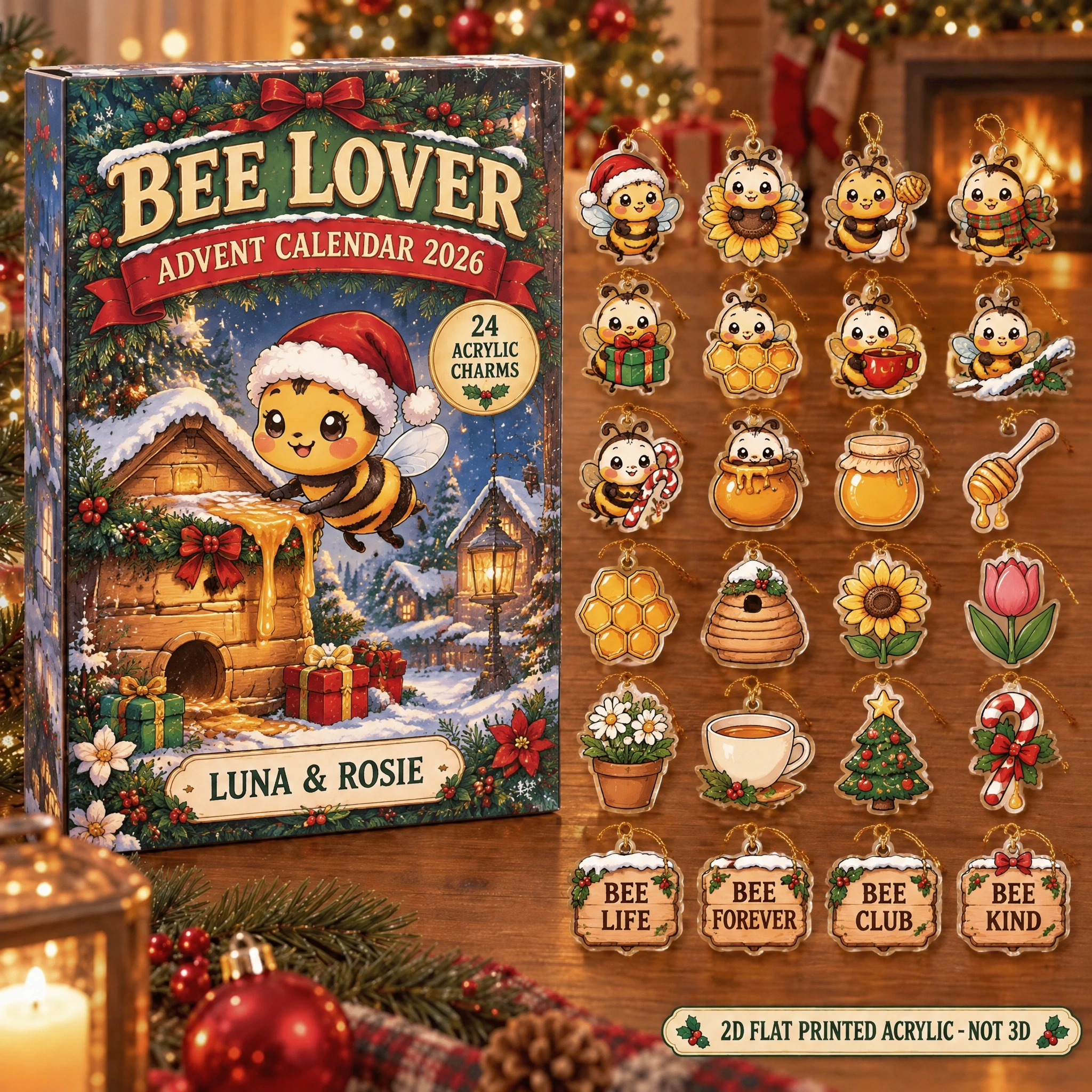 Personalized Bee Lover advent calendar box with 24 flat acrylic Christmas charms