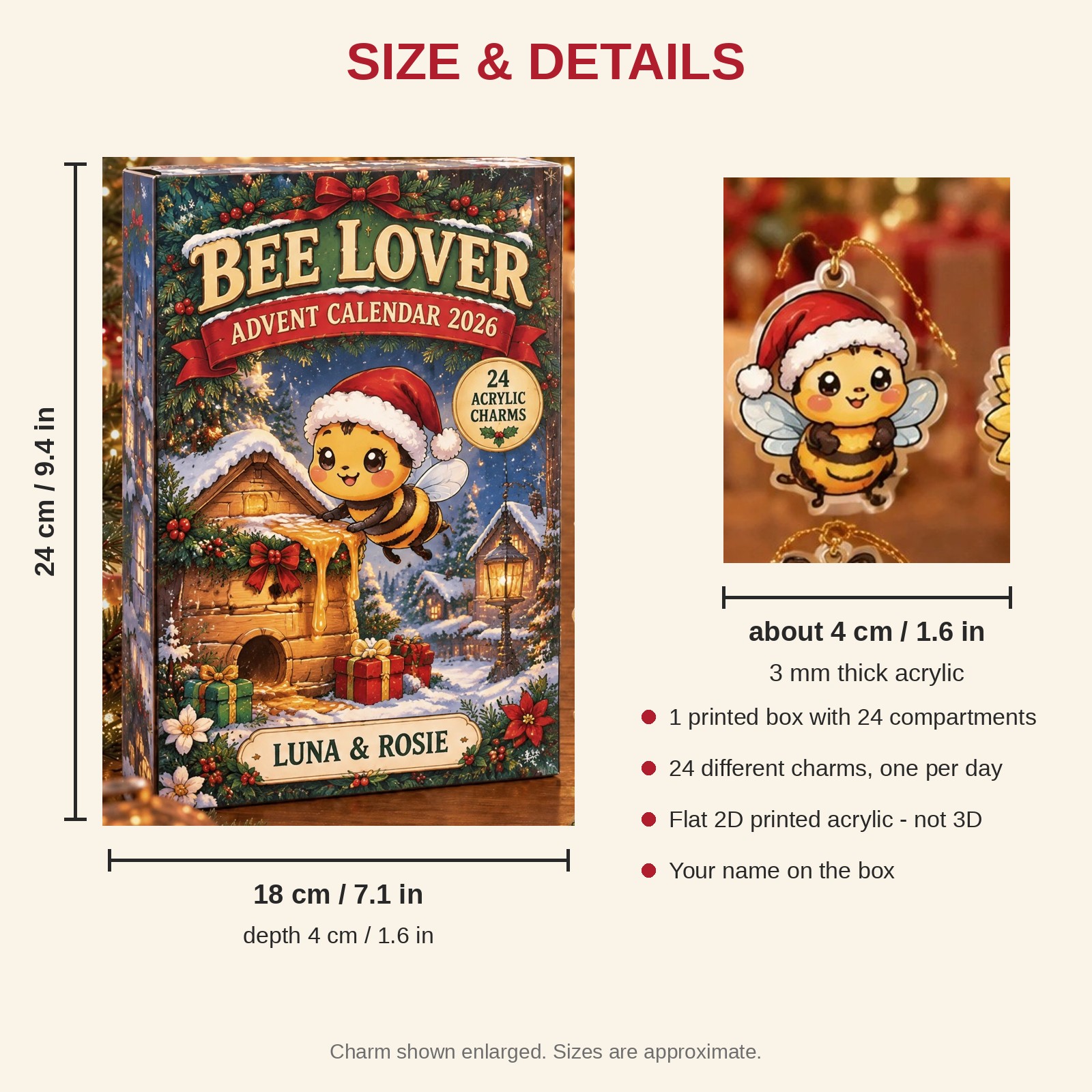 Personalized Bee Lover advent calendar box with 24 flat acrylic Christmas charms: box and charm sizes