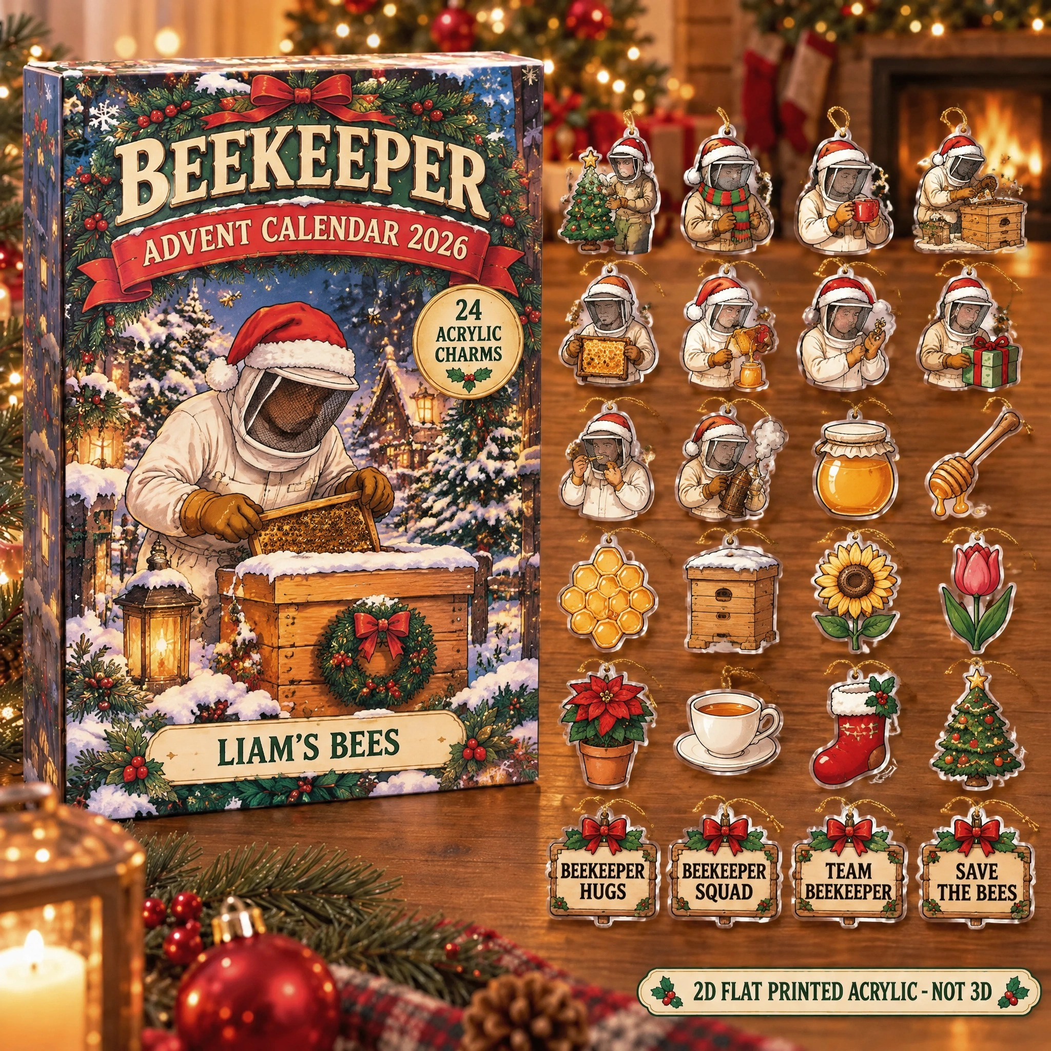 Personalized Beekeeper Essentials advent calendar box with 24 flat acrylic Christmas charms