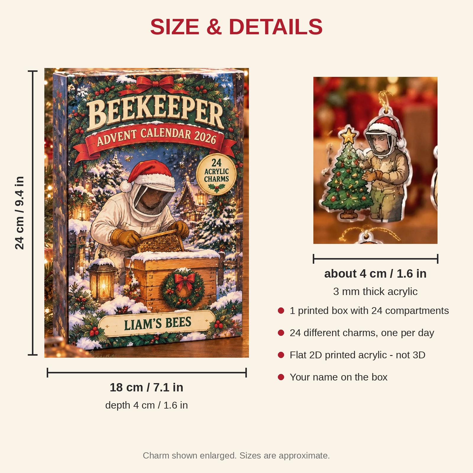 Personalized Beekeeper Essentials advent calendar box with 24 flat acrylic Christmas charms: box and charm sizes