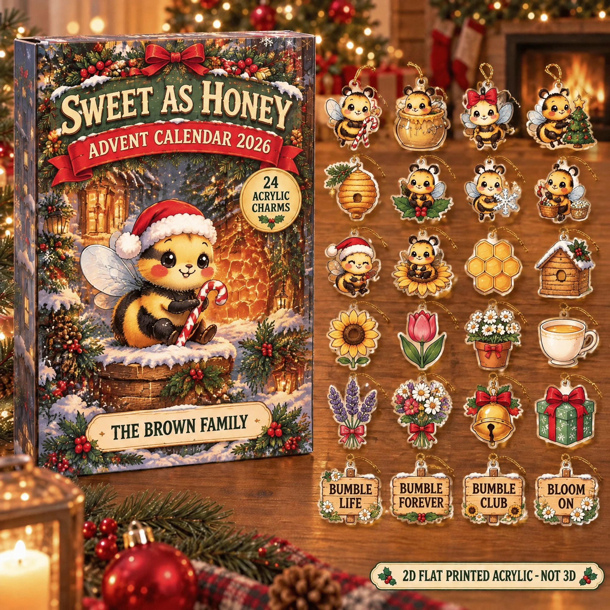 Personalized Bumblebee Lover advent calendar box with 24 flat acrylic Christmas charms