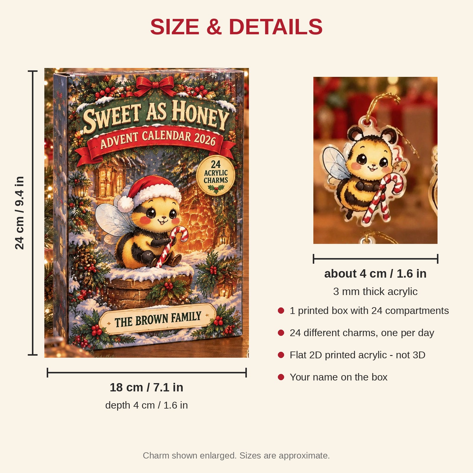Personalized Bumblebee Lover advent calendar box with 24 flat acrylic Christmas charms: box and charm sizes