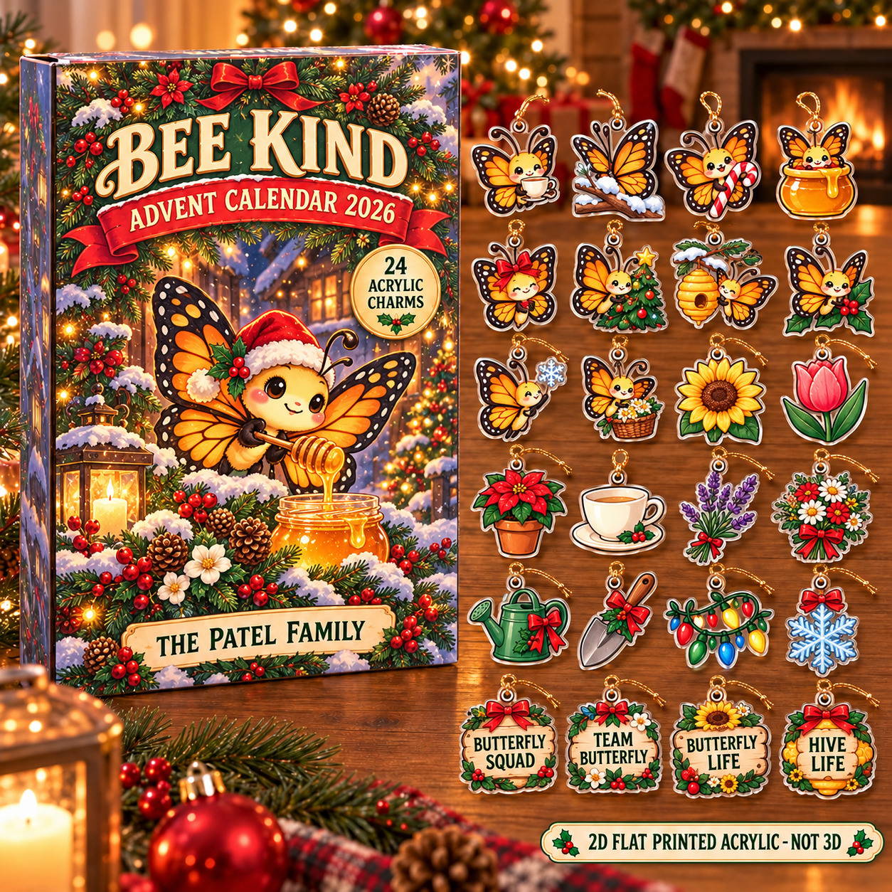 Personalized Butterfly Lover advent calendar box with 24 flat acrylic Christmas charms