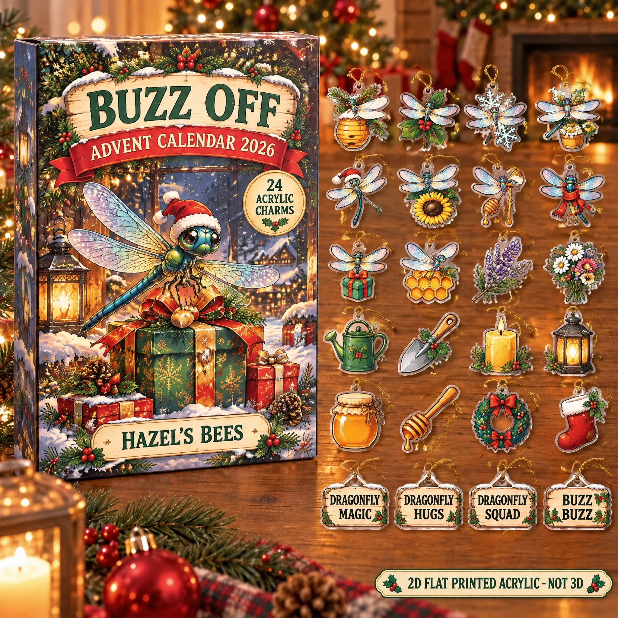 Personalized Dragonfly Lover advent calendar box with 24 flat acrylic Christmas charms