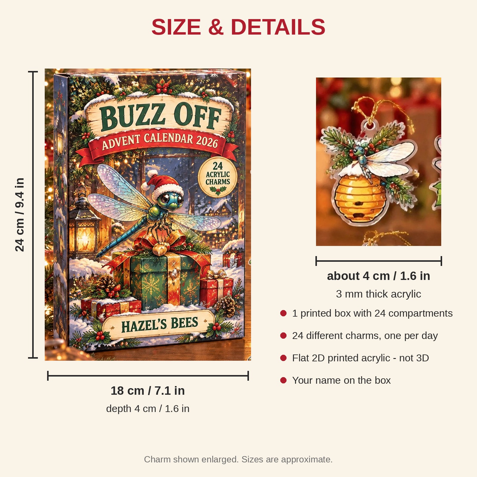 Personalized Dragonfly Lover advent calendar box with 24 flat acrylic Christmas charms: box and charm sizes