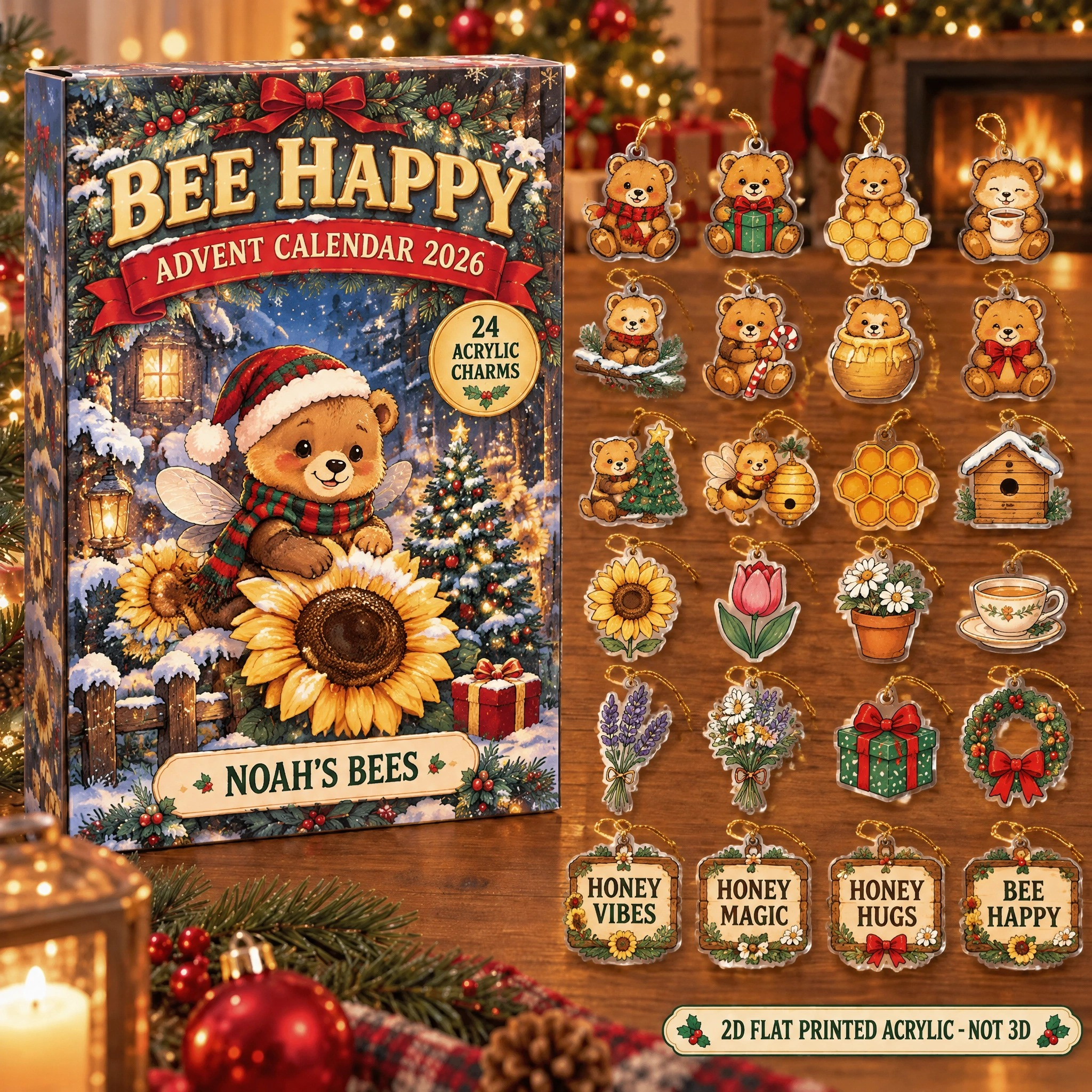 Personalized Honey Bear Lover advent calendar box with 24 flat acrylic Christmas charms
