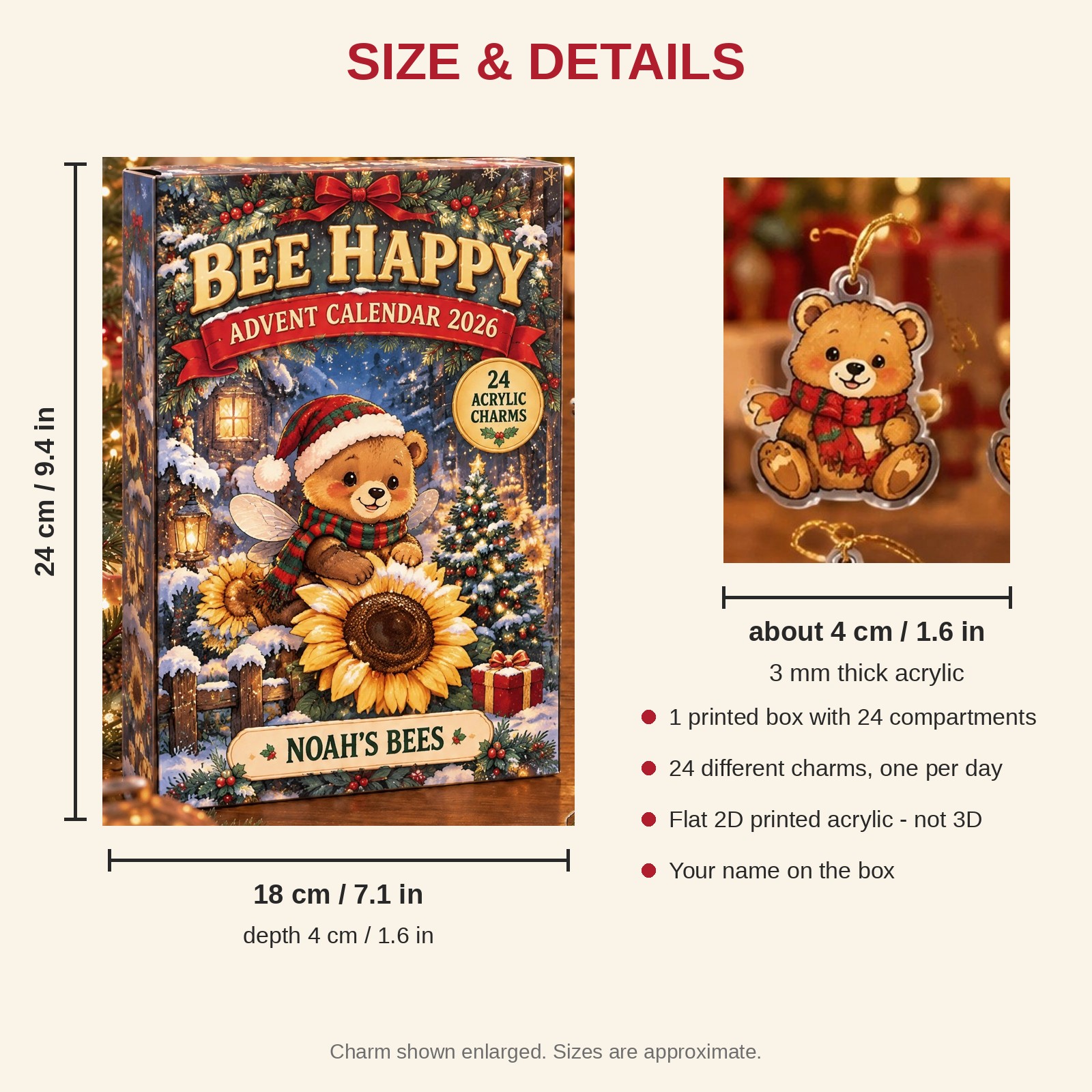 Personalized Honey Bear Lover advent calendar box with 24 flat acrylic Christmas charms: box and charm sizes