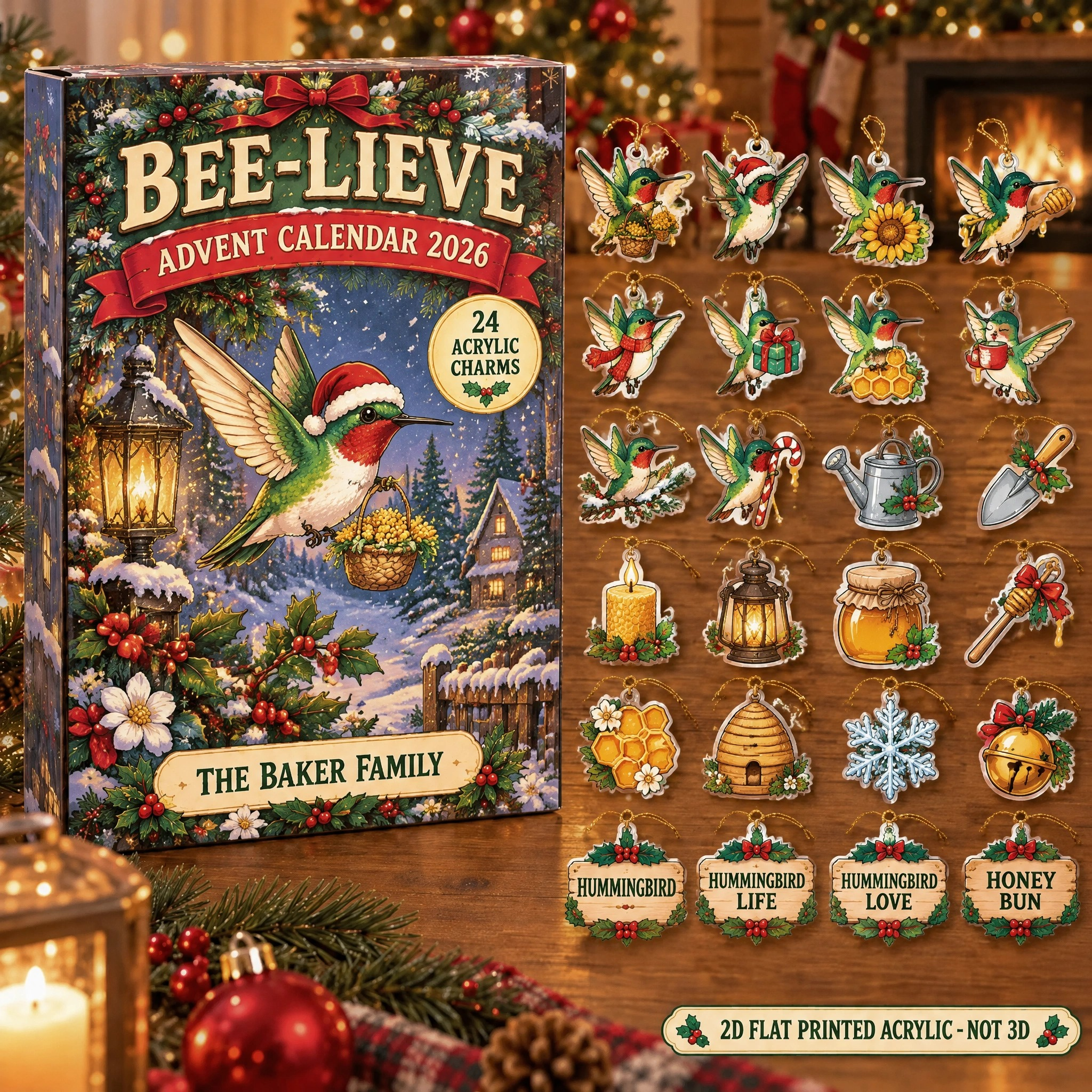 Personalized Hummingbird Lover advent calendar box with 24 flat acrylic Christmas charms