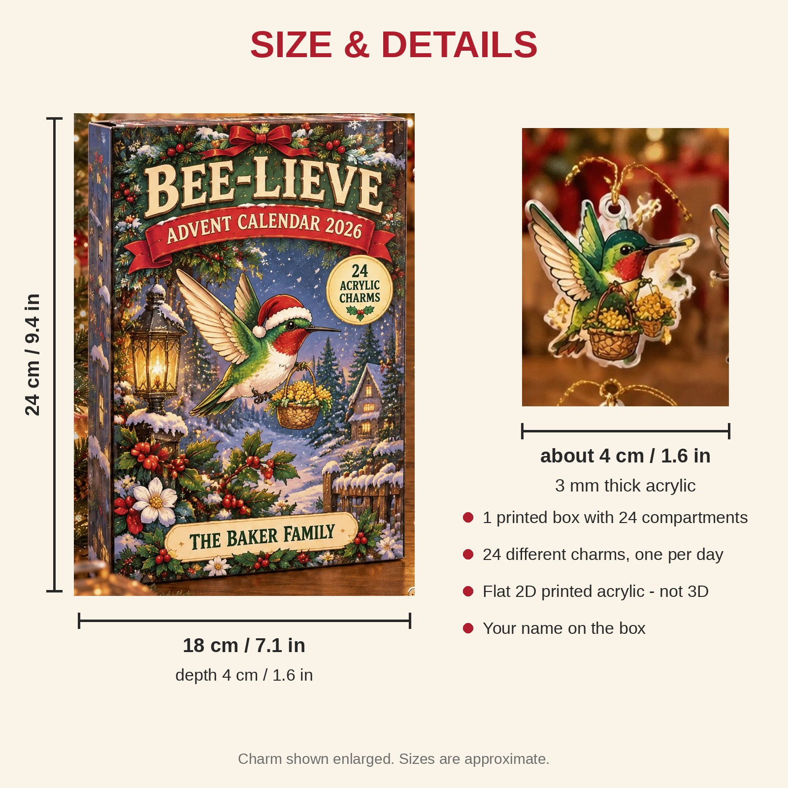 Personalized Hummingbird Lover advent calendar box with 24 flat acrylic Christmas charms: box and charm sizes
