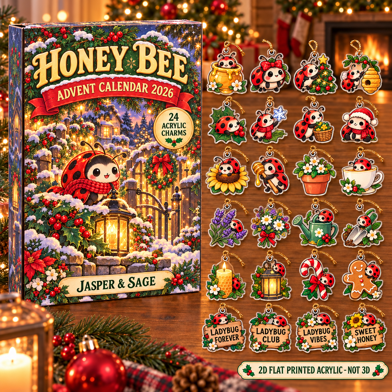Personalized Ladybug Lover advent calendar box with 24 flat acrylic Christmas charms