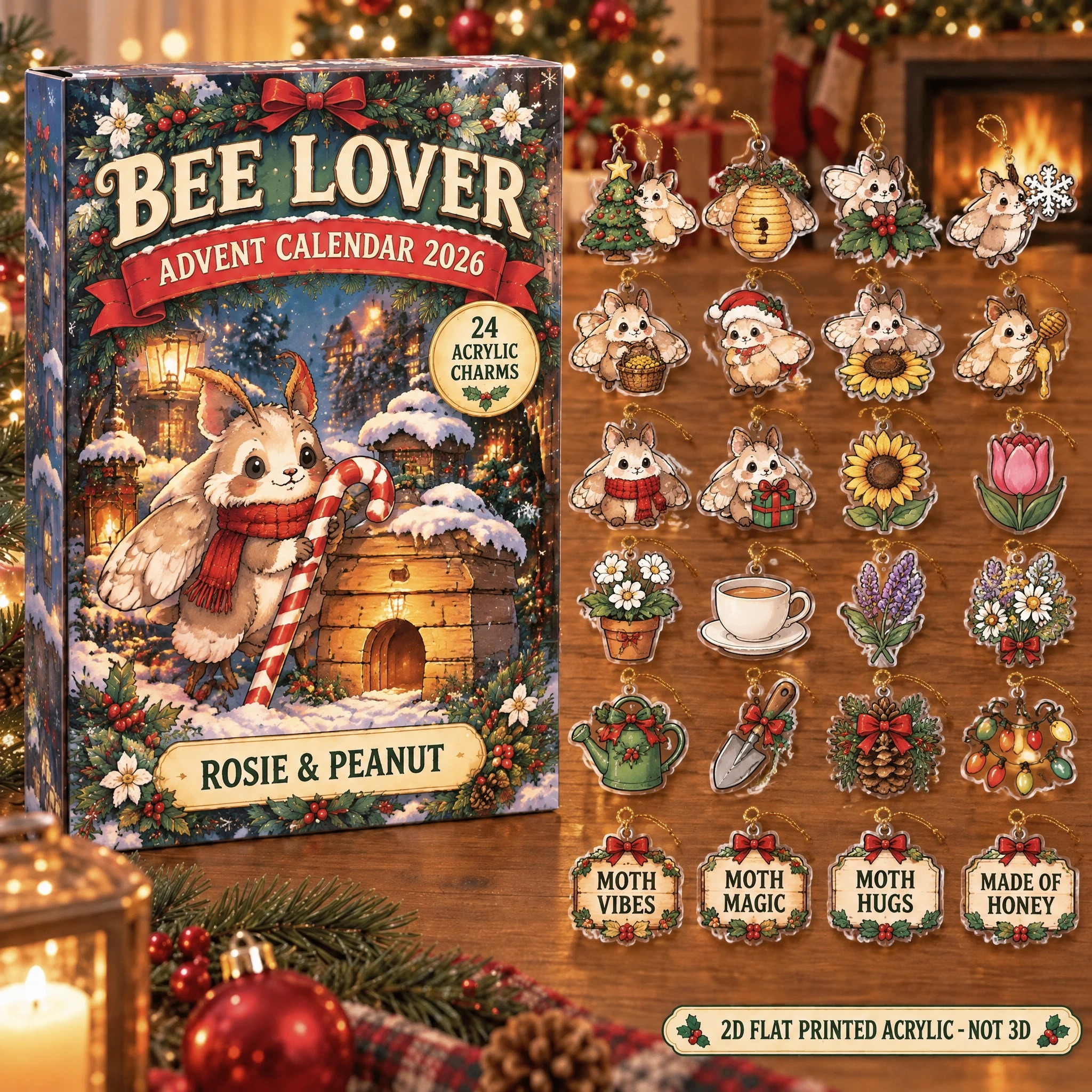 Personalized Moth Lover advent calendar box with 24 flat acrylic Christmas charms