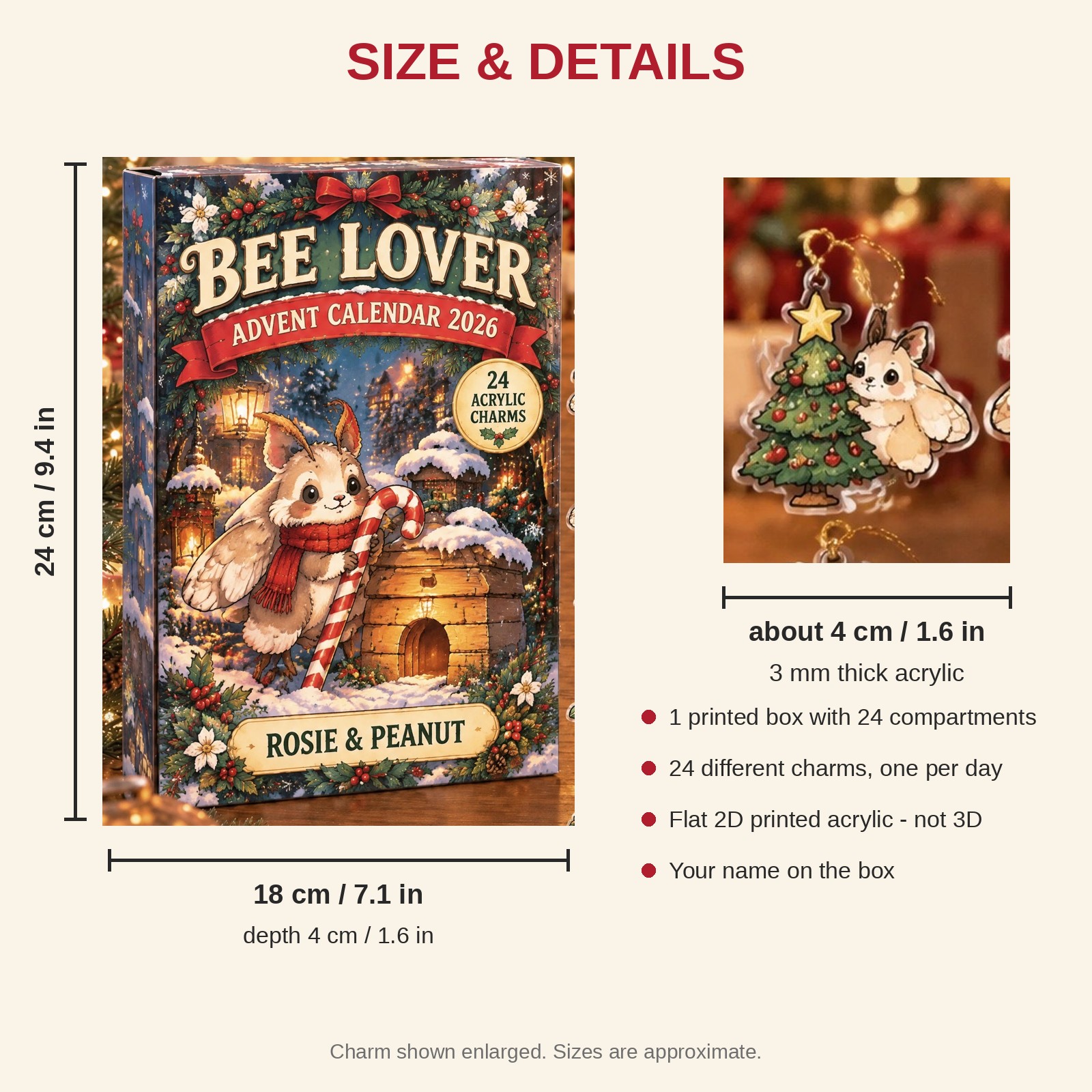 Personalized Moth Lover advent calendar box with 24 flat acrylic Christmas charms: box and charm sizes